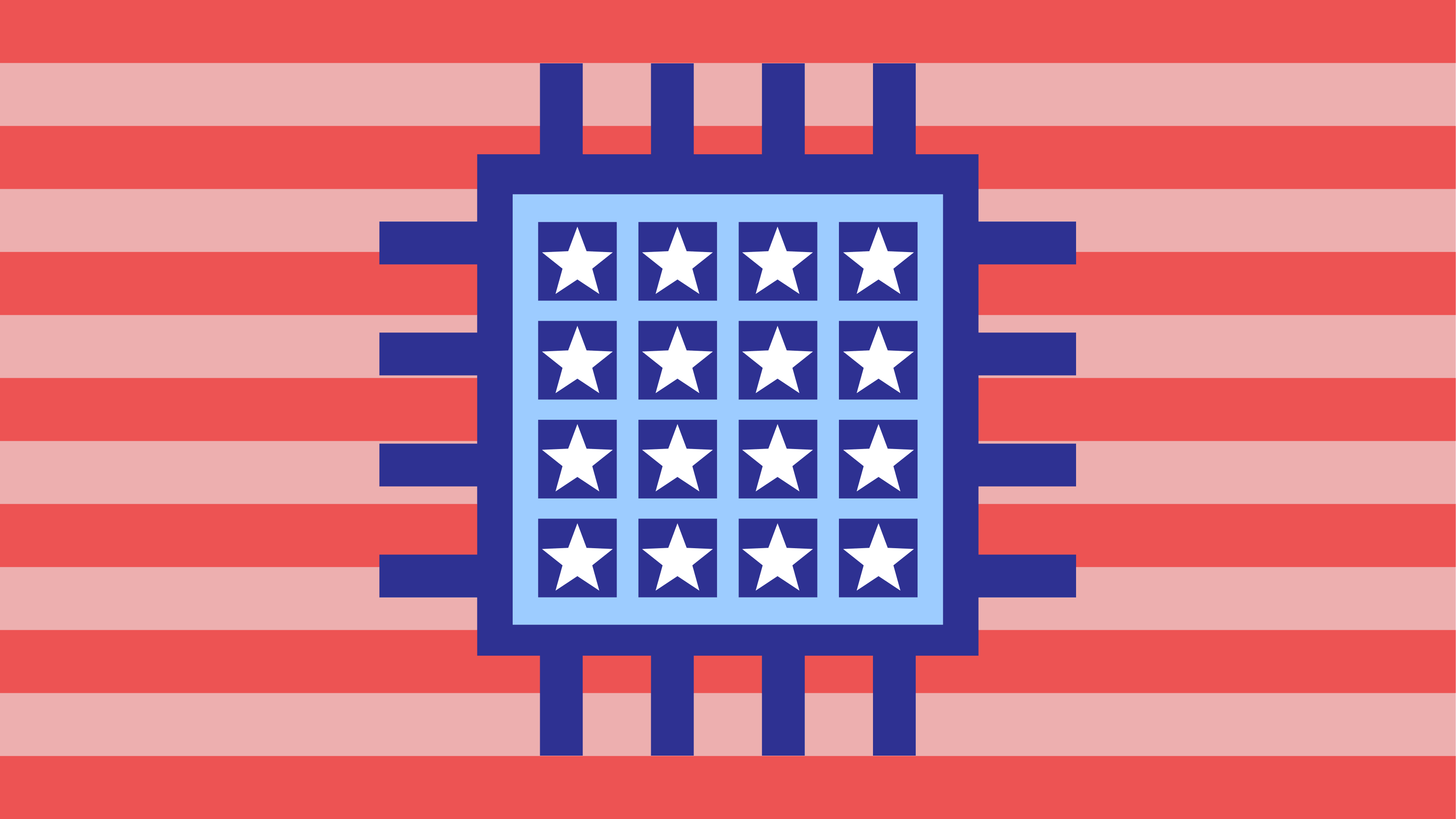 Illustration of red-striped pattern under a blue computer chip being filled with white five-point stars.
