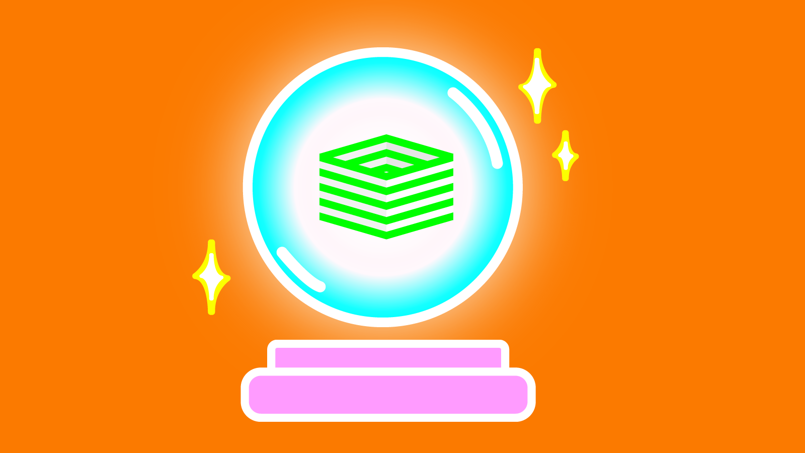 Illustration of striped cube inside of a crystal ball.
