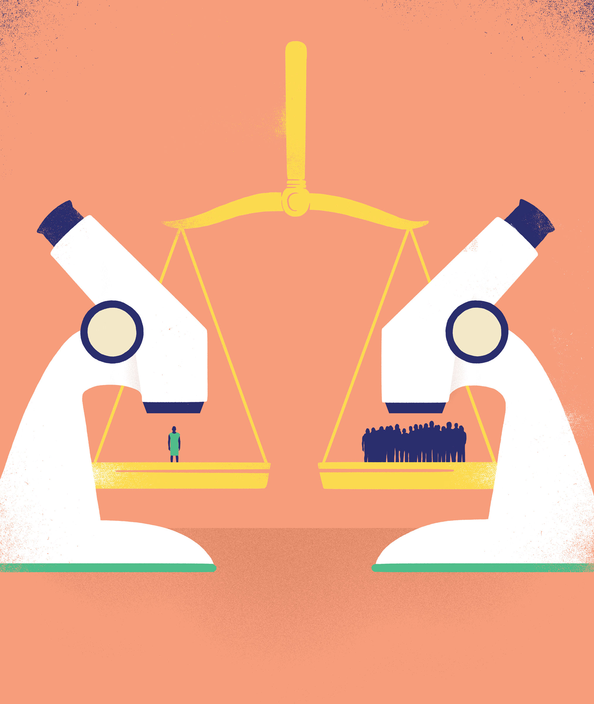 Illustration of two microscopes situated over scales of justice