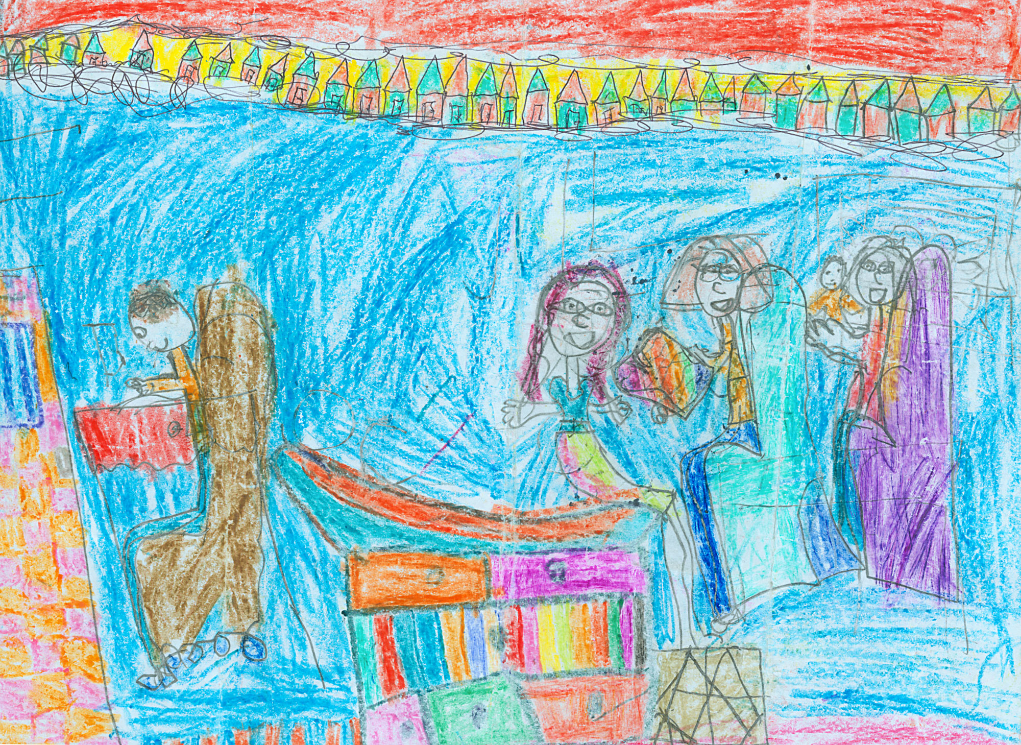 Child&#039;s drawing of a doctor&#039;s office showing the child on the exam table and the doctor at the computer.