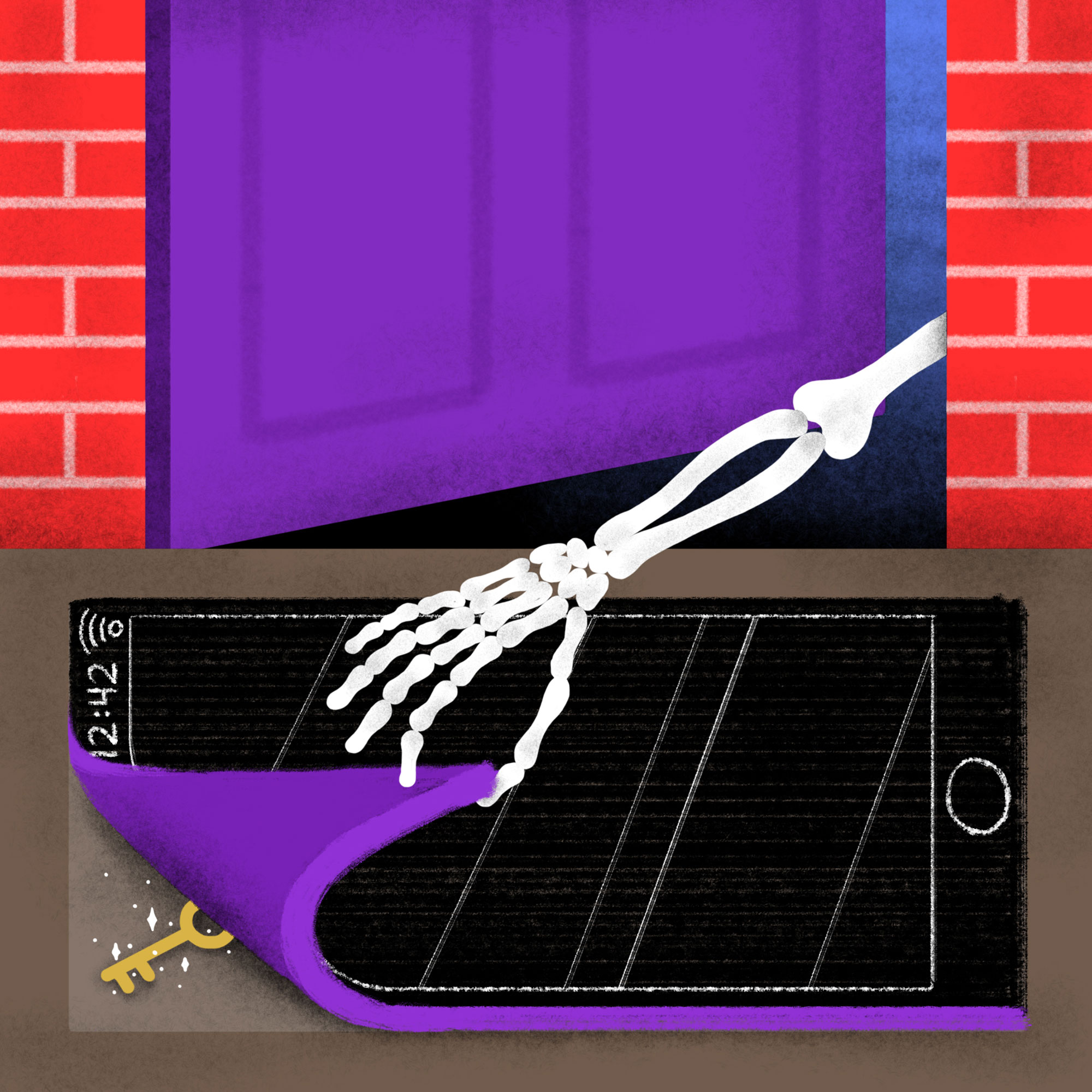 Illustration of skeleton arm lifting corner of doormat shaped like an iphone, revealing a key
