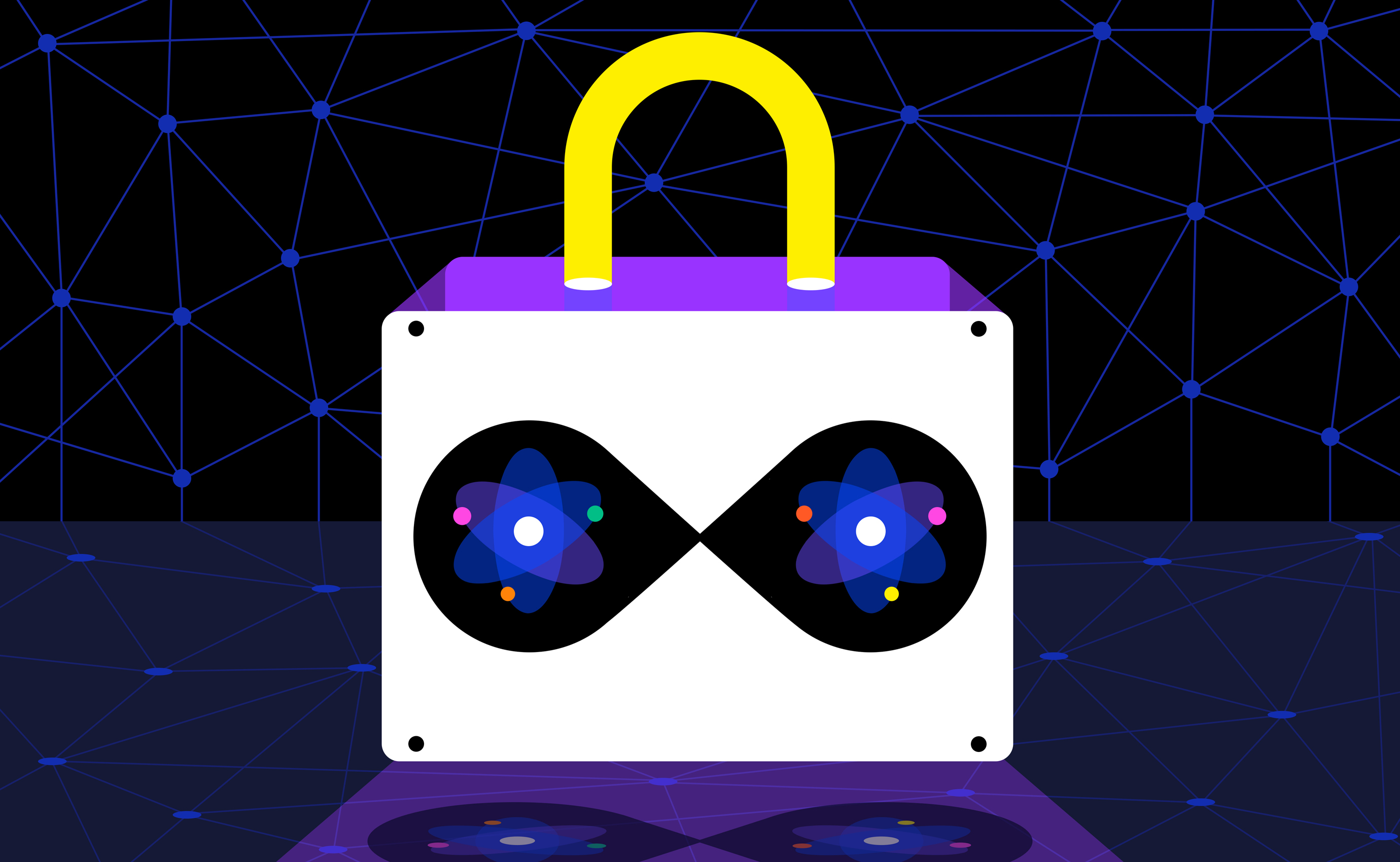 Conceptual illustration of a lock with entangled photons inside it, on an illustrated network background