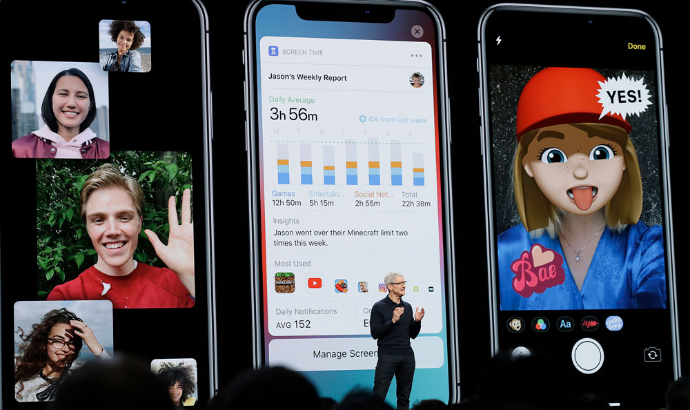 Apple CEO Tim Cook presents the company&#039;s screen time app on stage