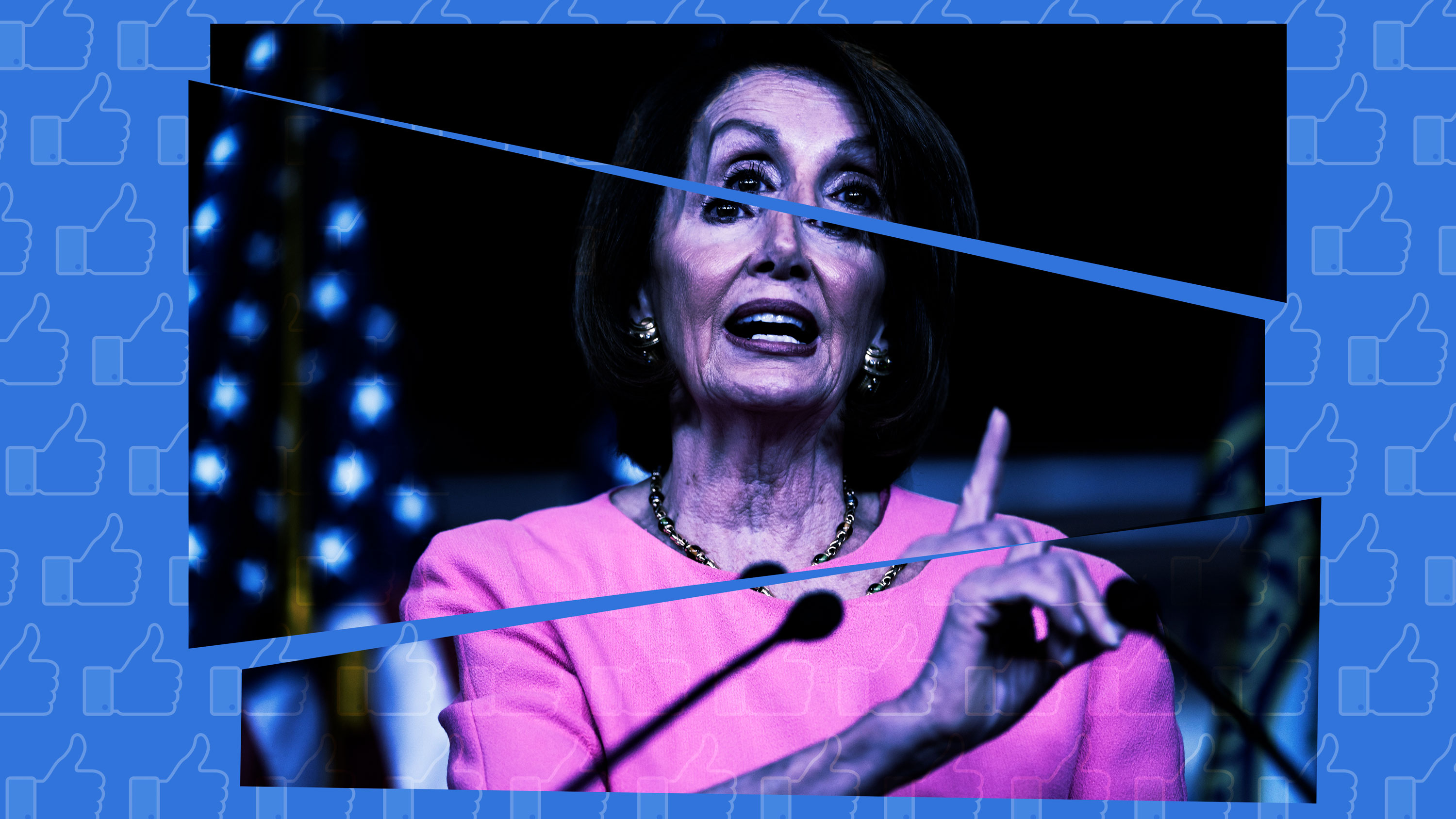 A photo illustration showing a photo of Nancy Pelosi and Facebook thumbs ups