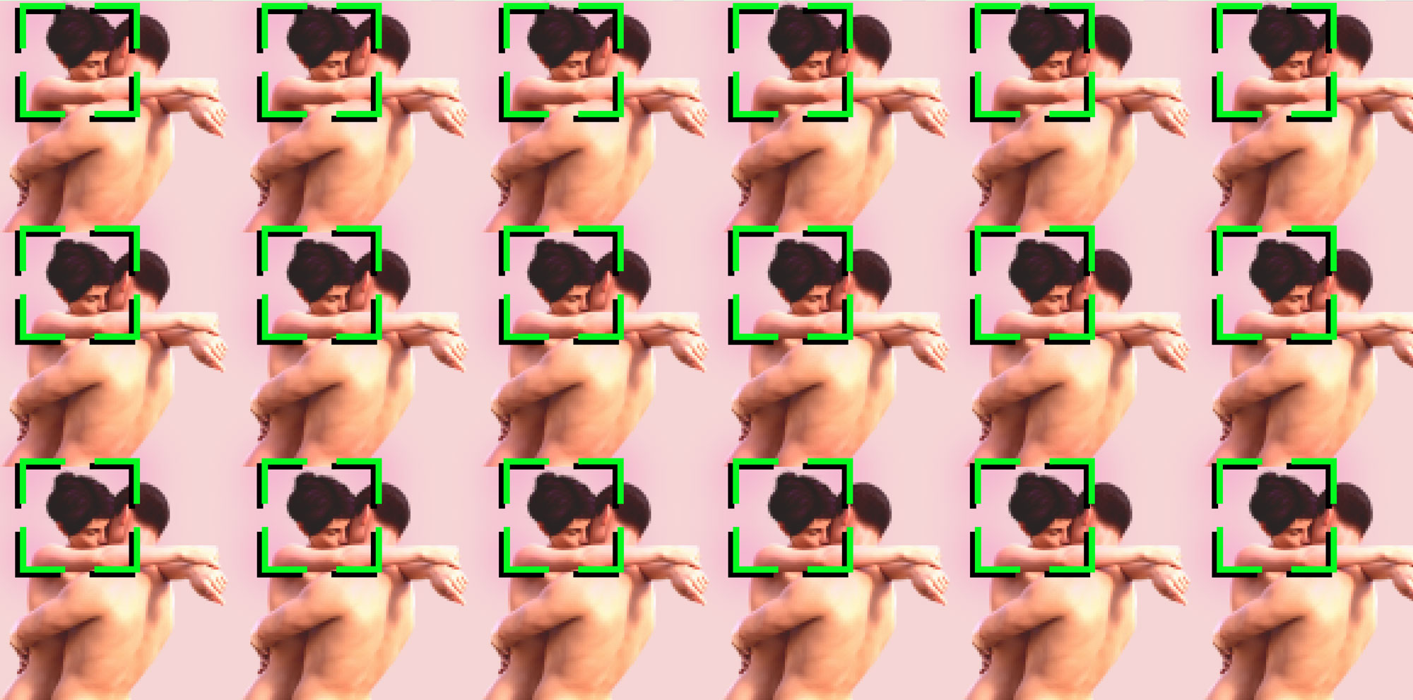 Photo illustration of a nude couple kissing with facial recognition viewfinder around woman&#039;s face