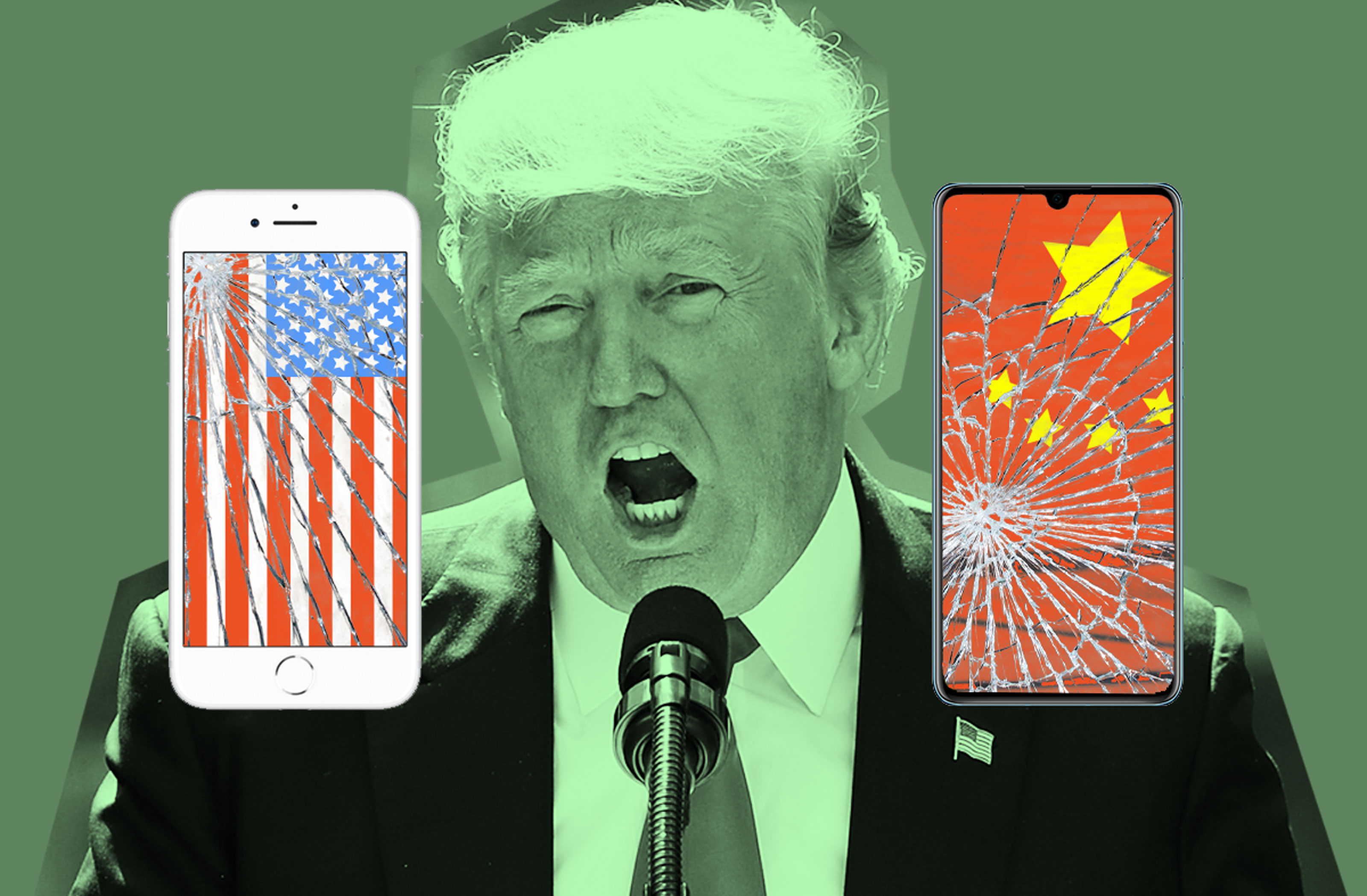 A photo illustration of Donal Trump behind a shattered iPhone and Huawei smartphone