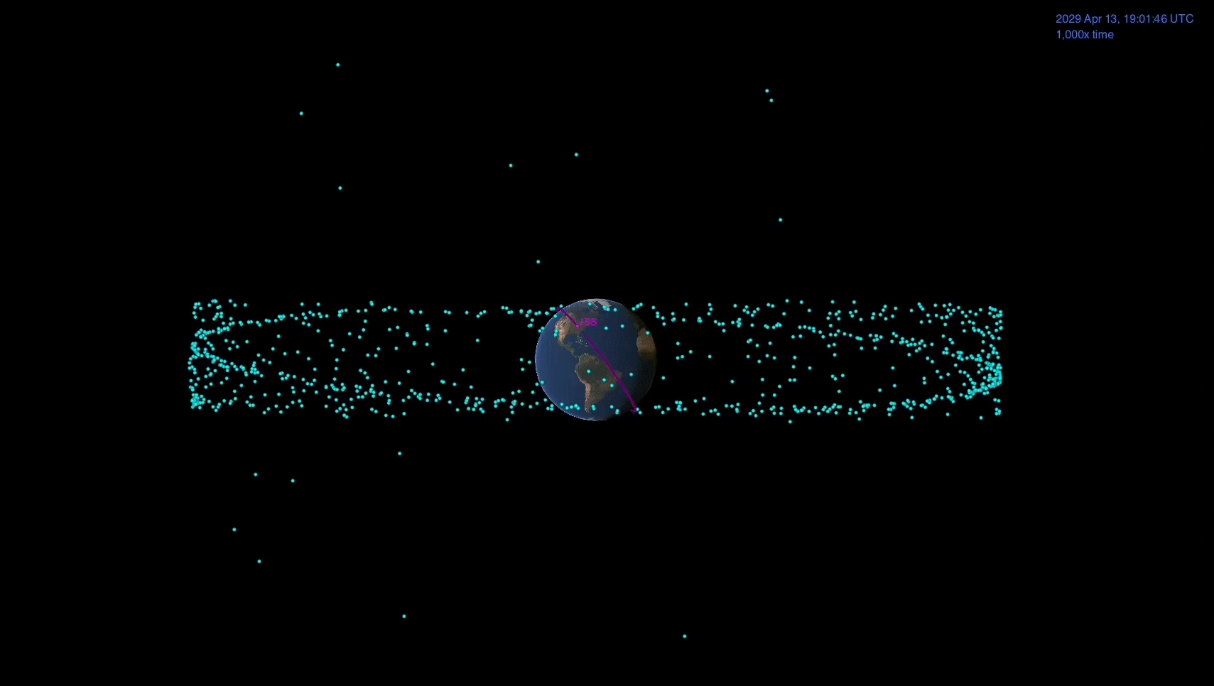 Animated rendering of the Apophis asteroid flying past Earth