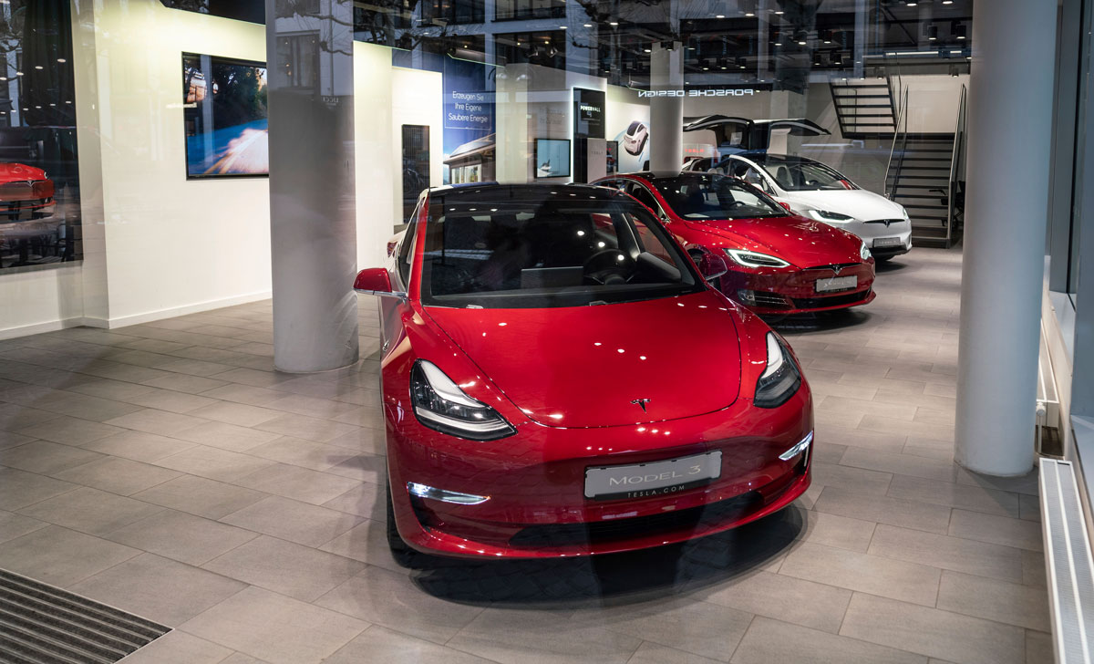 A Tesla Model 3 in the Tesla Motors Store in Frankfurt