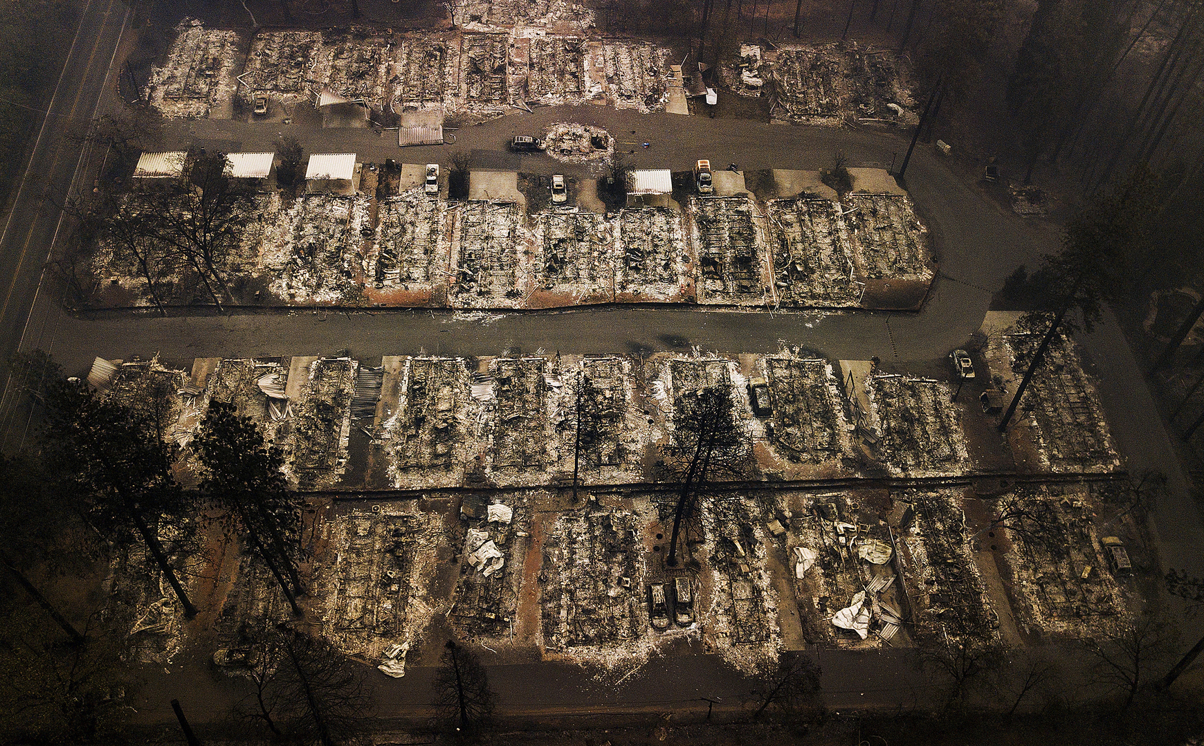 An aerial file photo showing destroyed residences in Paradise, California