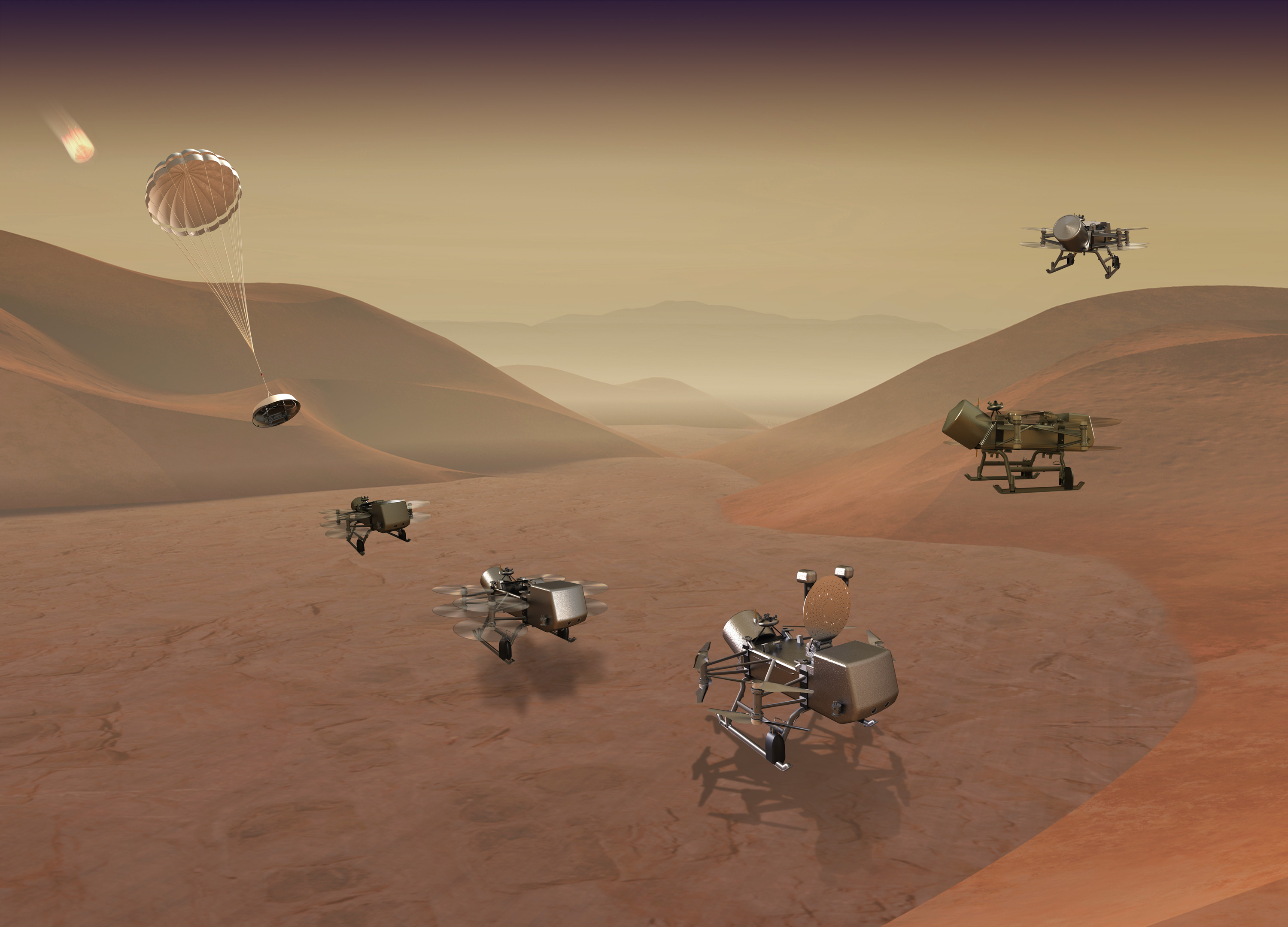 An artist&#039;s concept image of the dragonfly drones landing on Saturn&#039;s moon Titan and then taking flight.