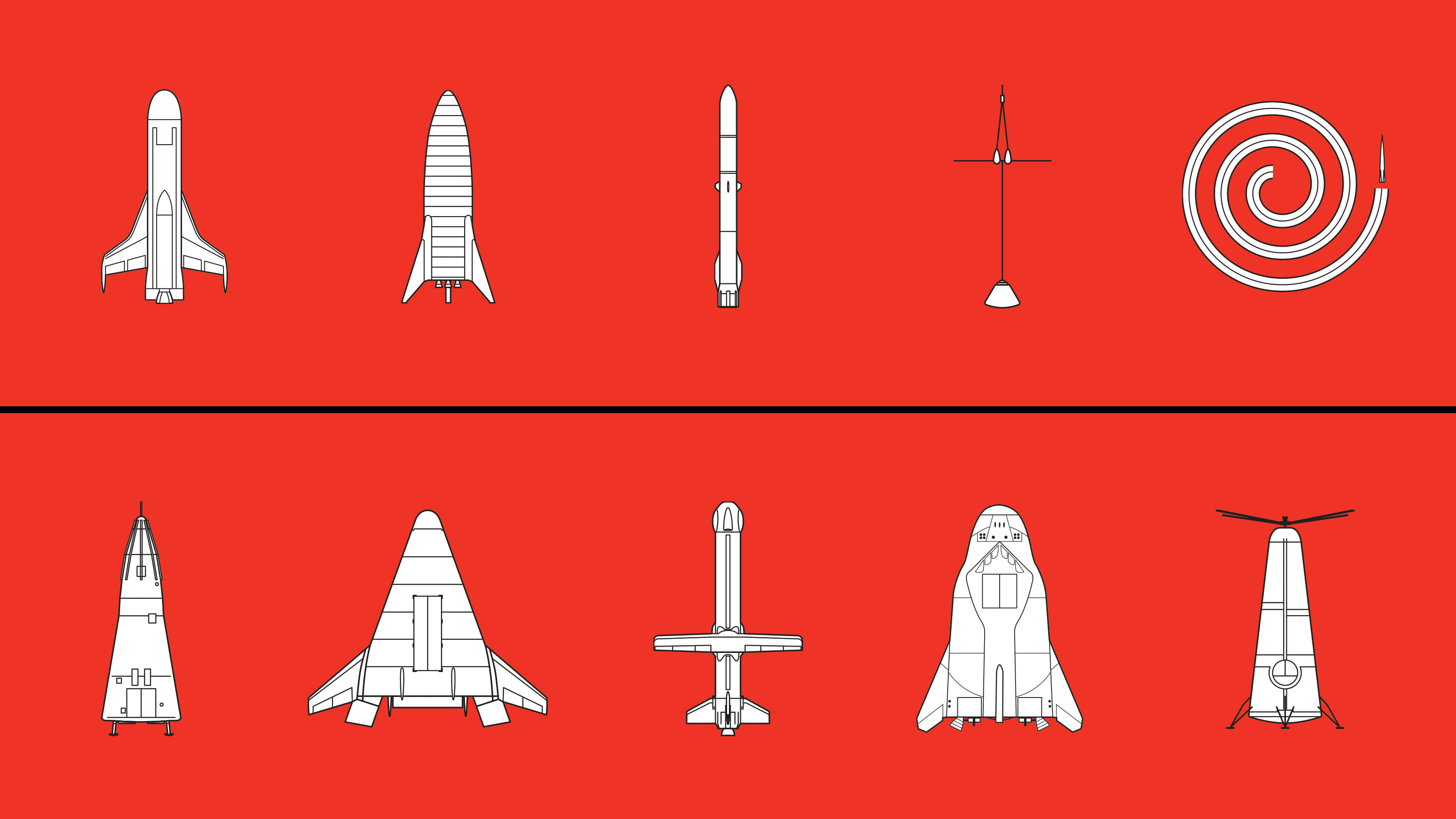 Illustrations of space vessels in the categories of 5 new plans and 5 failures