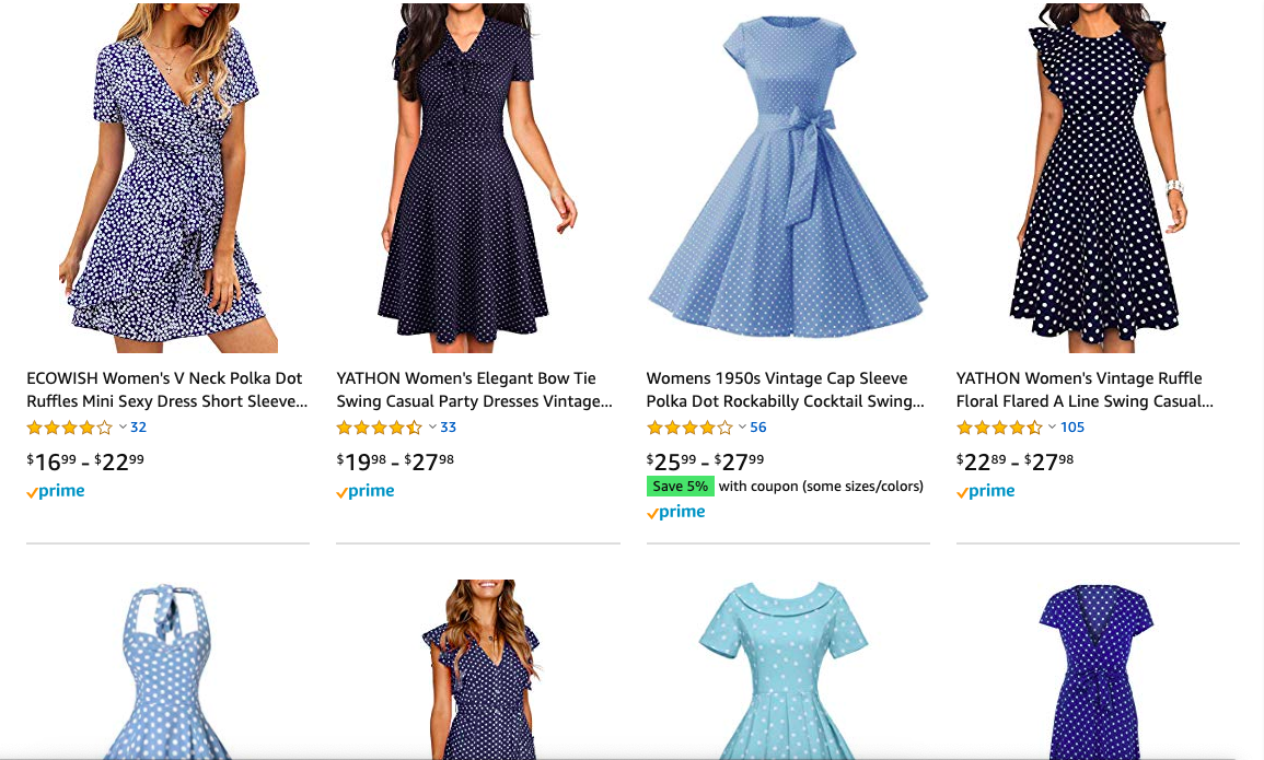 A screenshot of blue dresses with white polka dots on Amazon.
