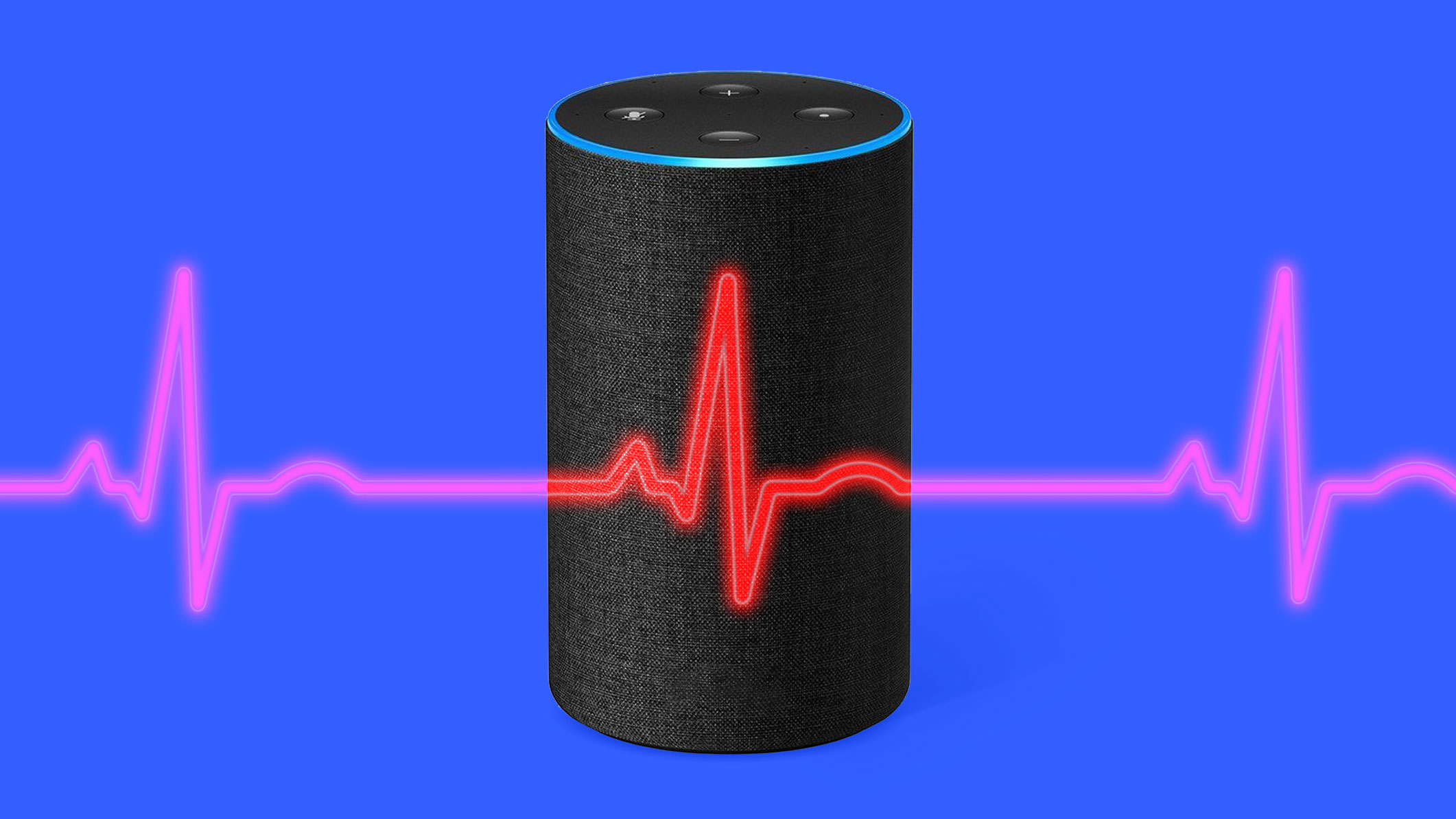 An illustration of an Amazon smart speaker and ECG waves.
