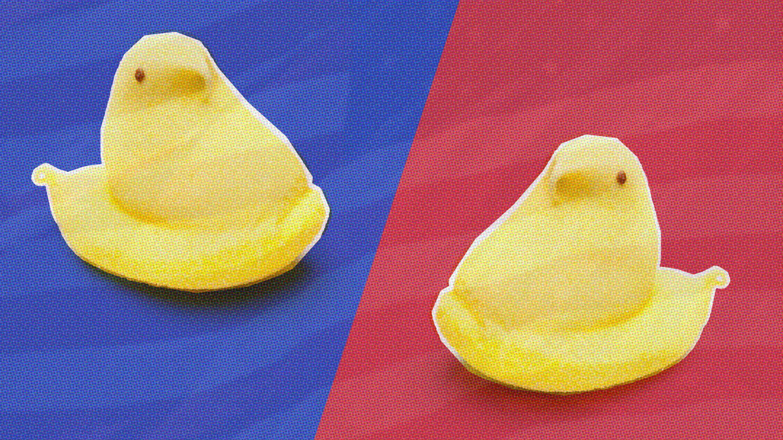 illustration of two marshmallow peeps on a red and blue background