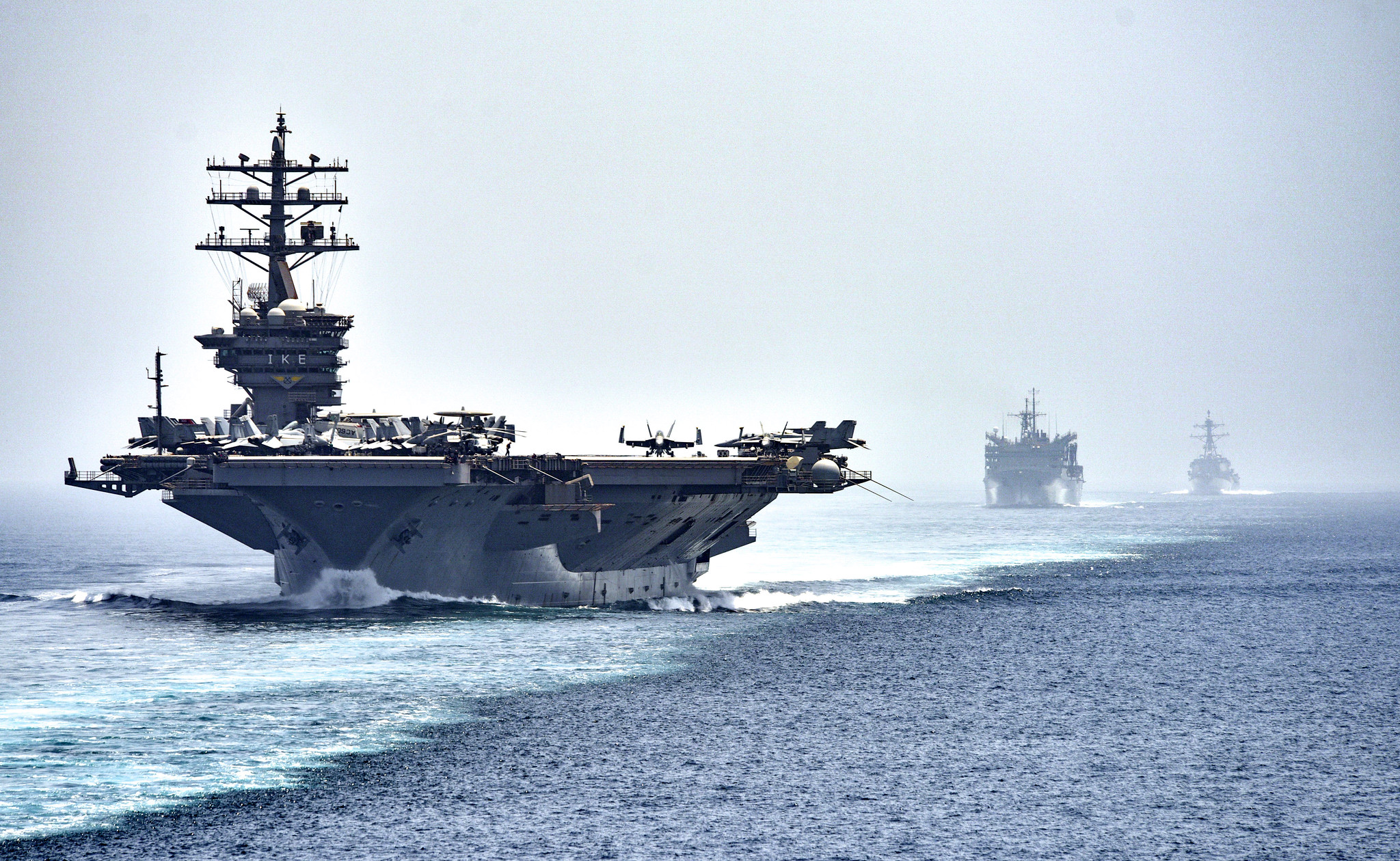 The American&#039;s Eisenhower Carrier Strike Group transits the Strait of Hormuz in 2016.