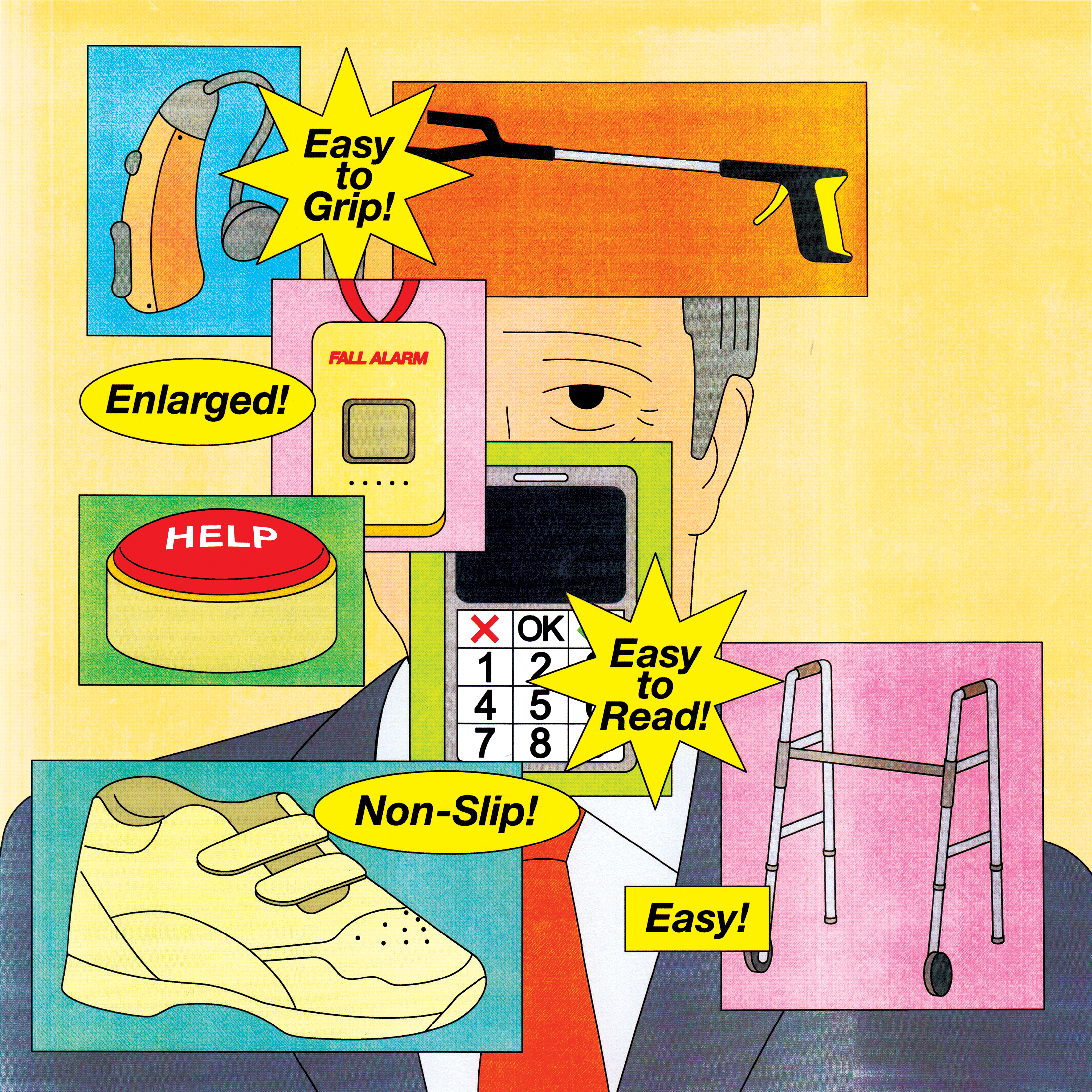 Illustration of senior with products targeted to seniors