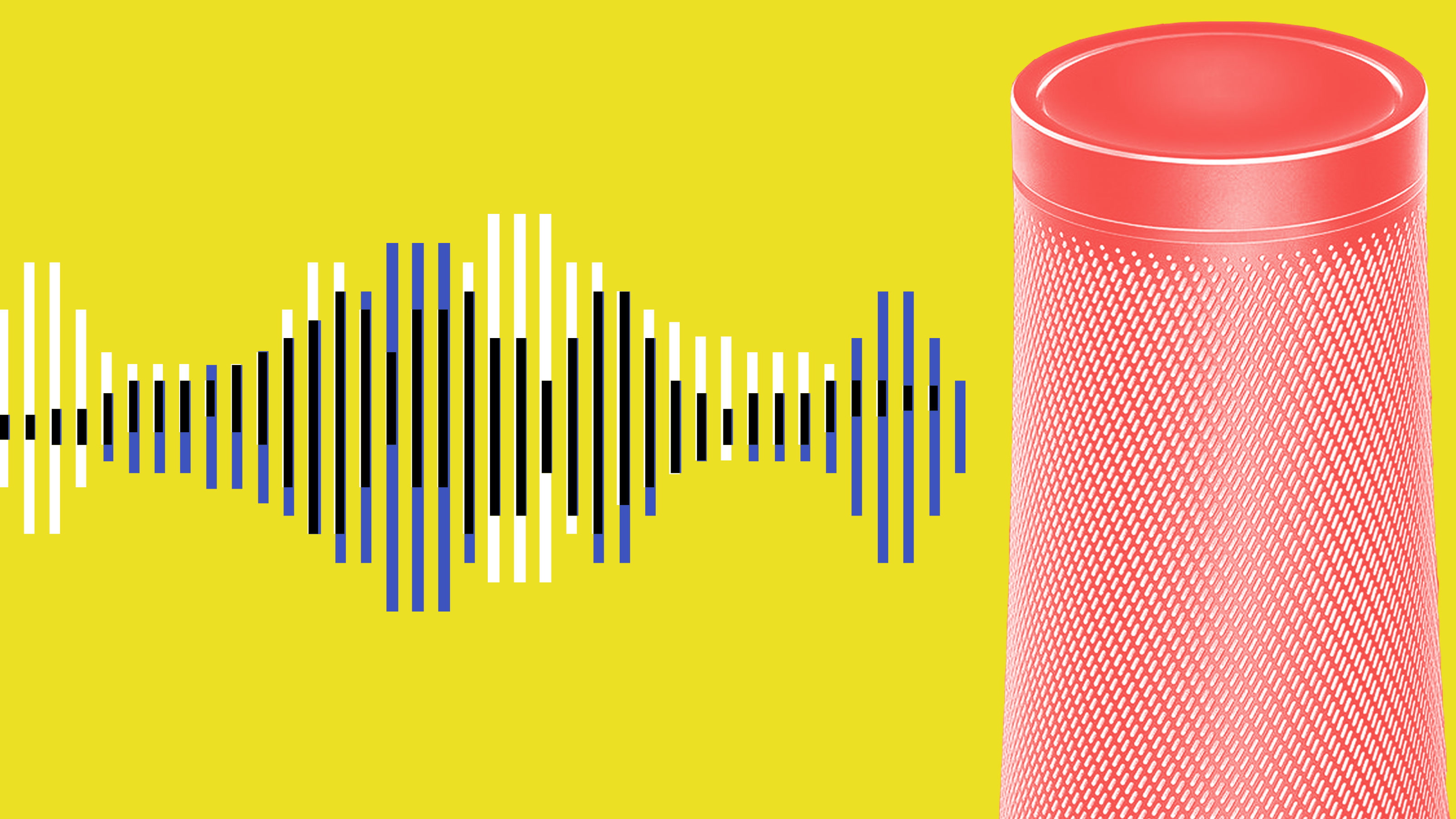 An image of a voice assistant device next to sound waves