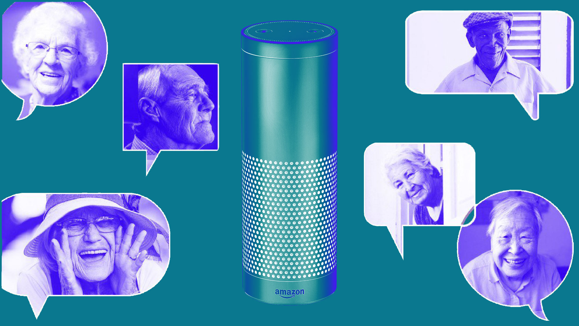 Photo illustration showing people in speach bubbles around a smart speaker