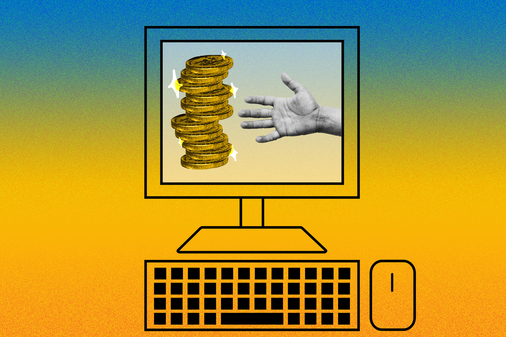 An illustration of a hand reaching for coins  on a computer monitor screen