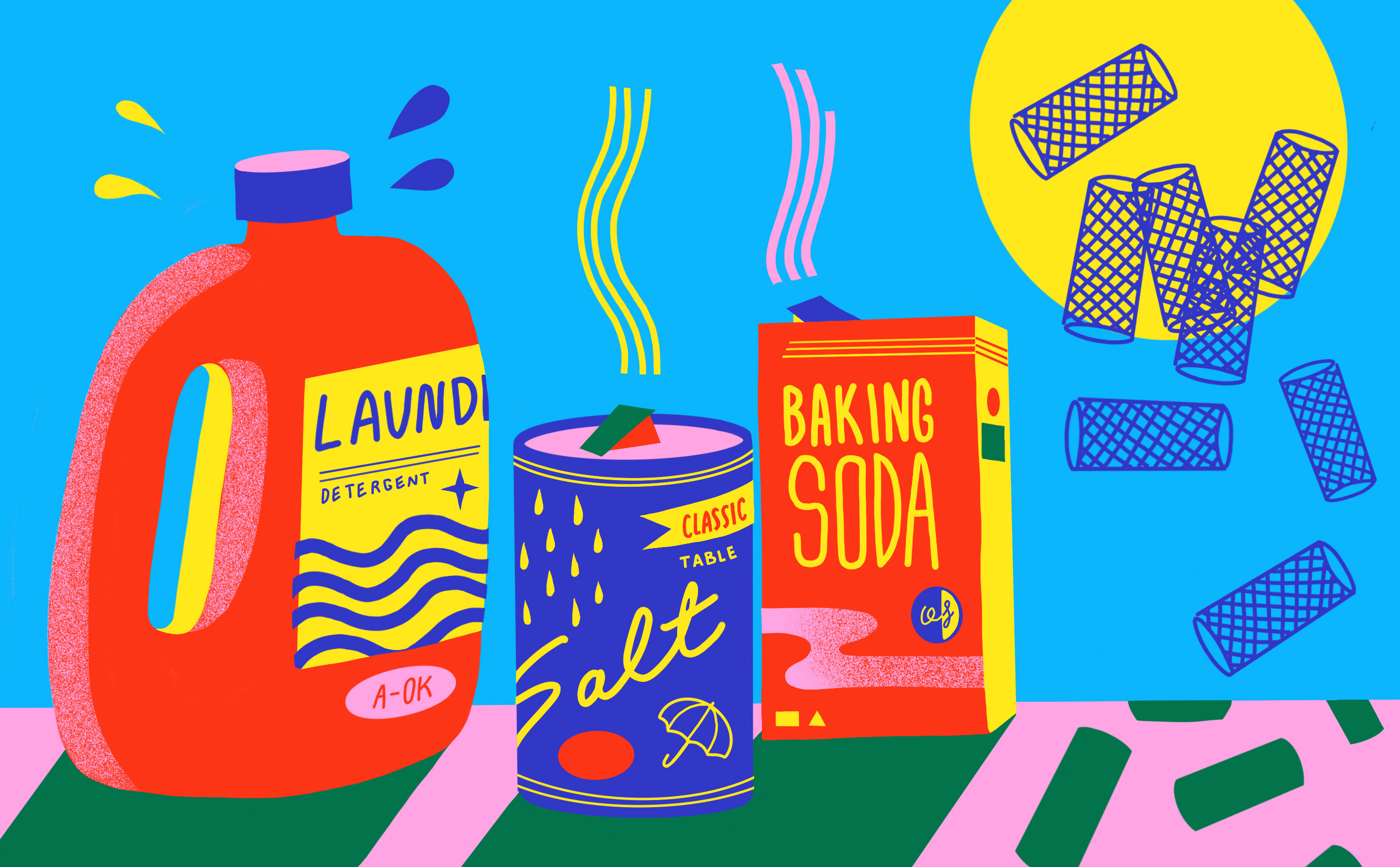 An illustration of laundry detergent, salt, baking soda, and nano tubes