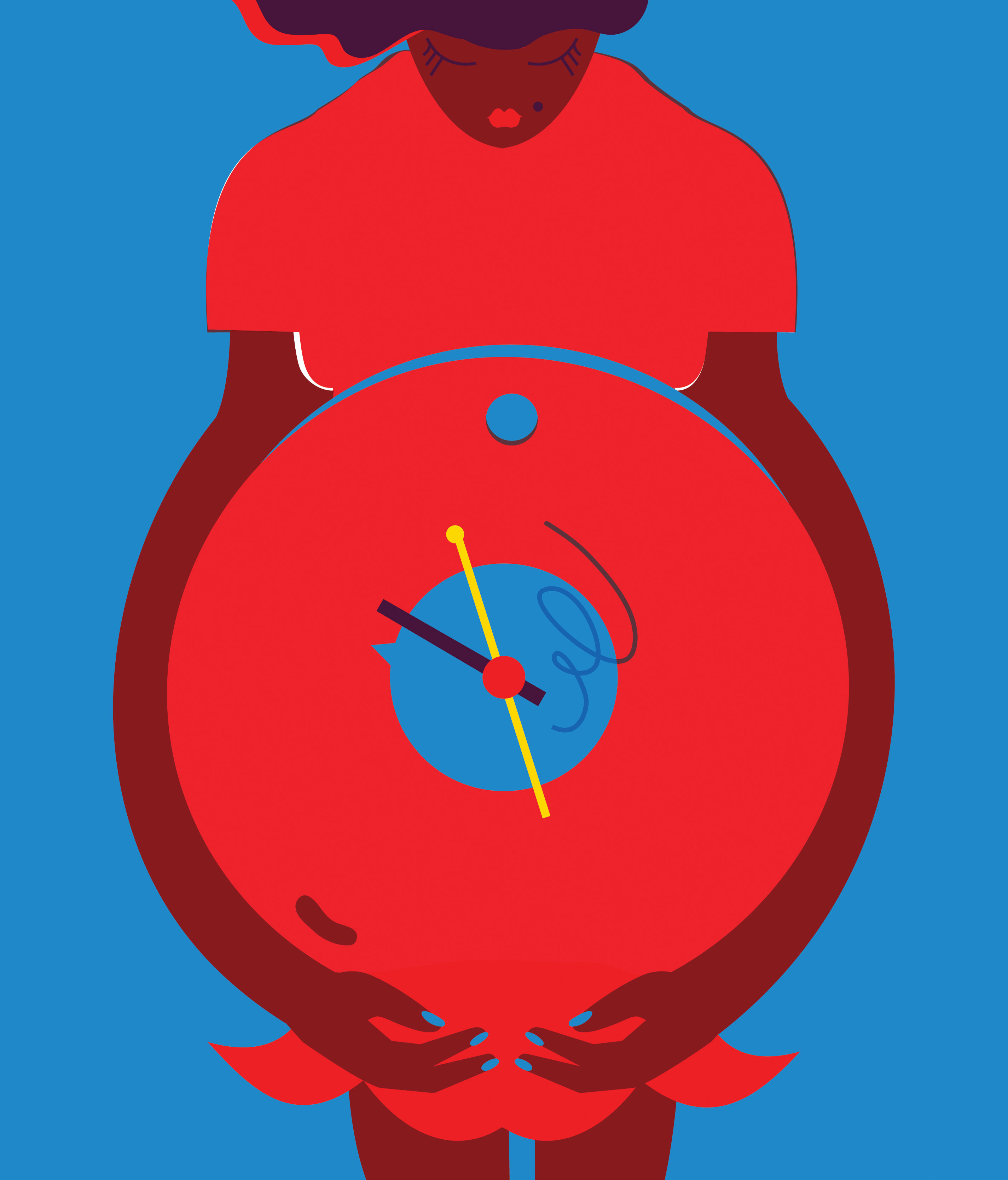 Conceptual illustration of a woman holding her pregnant belly that also looks like a clock
