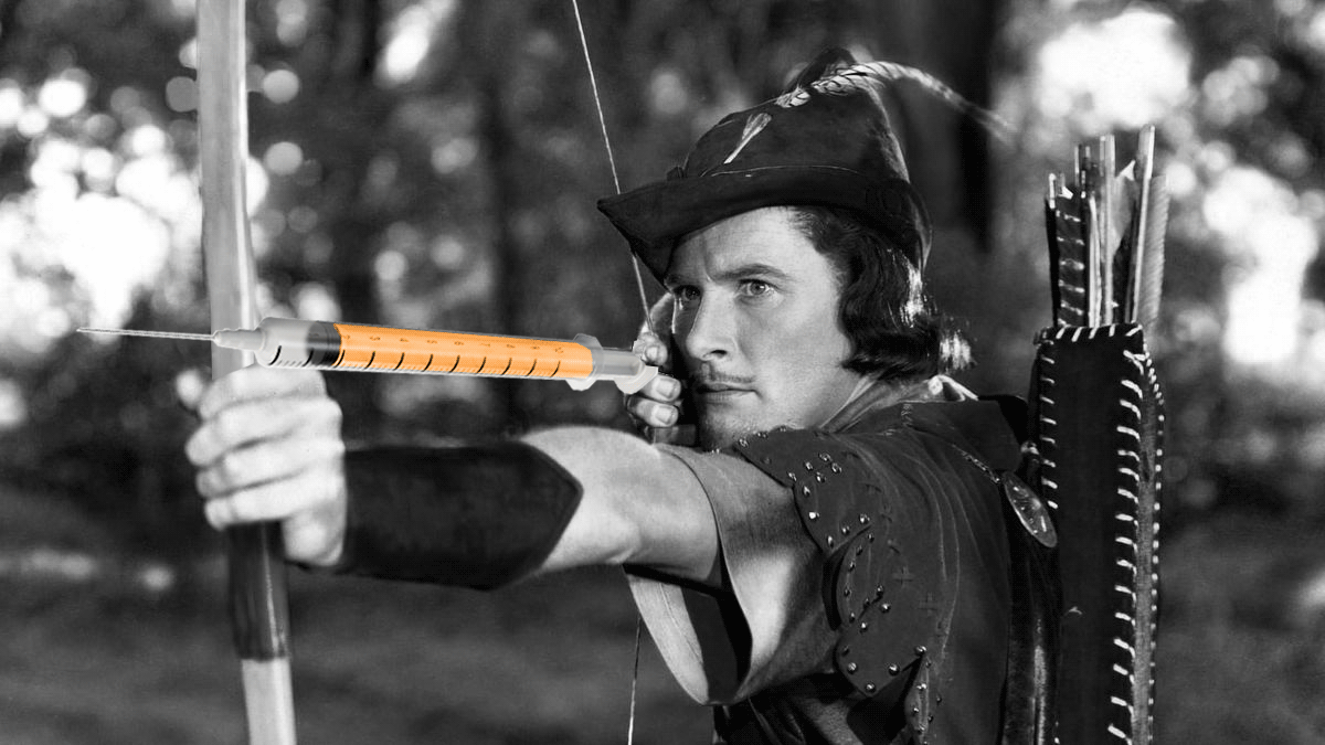 photo illustration of Robin Hood shooting a syringe out of a bow