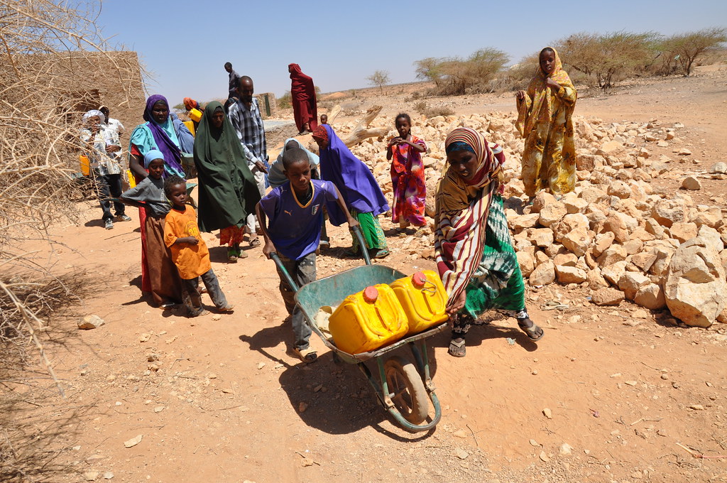 A young boy wheels his family&#039;s daily allowance of water during Somalia&#039;s drought earlier this decade.