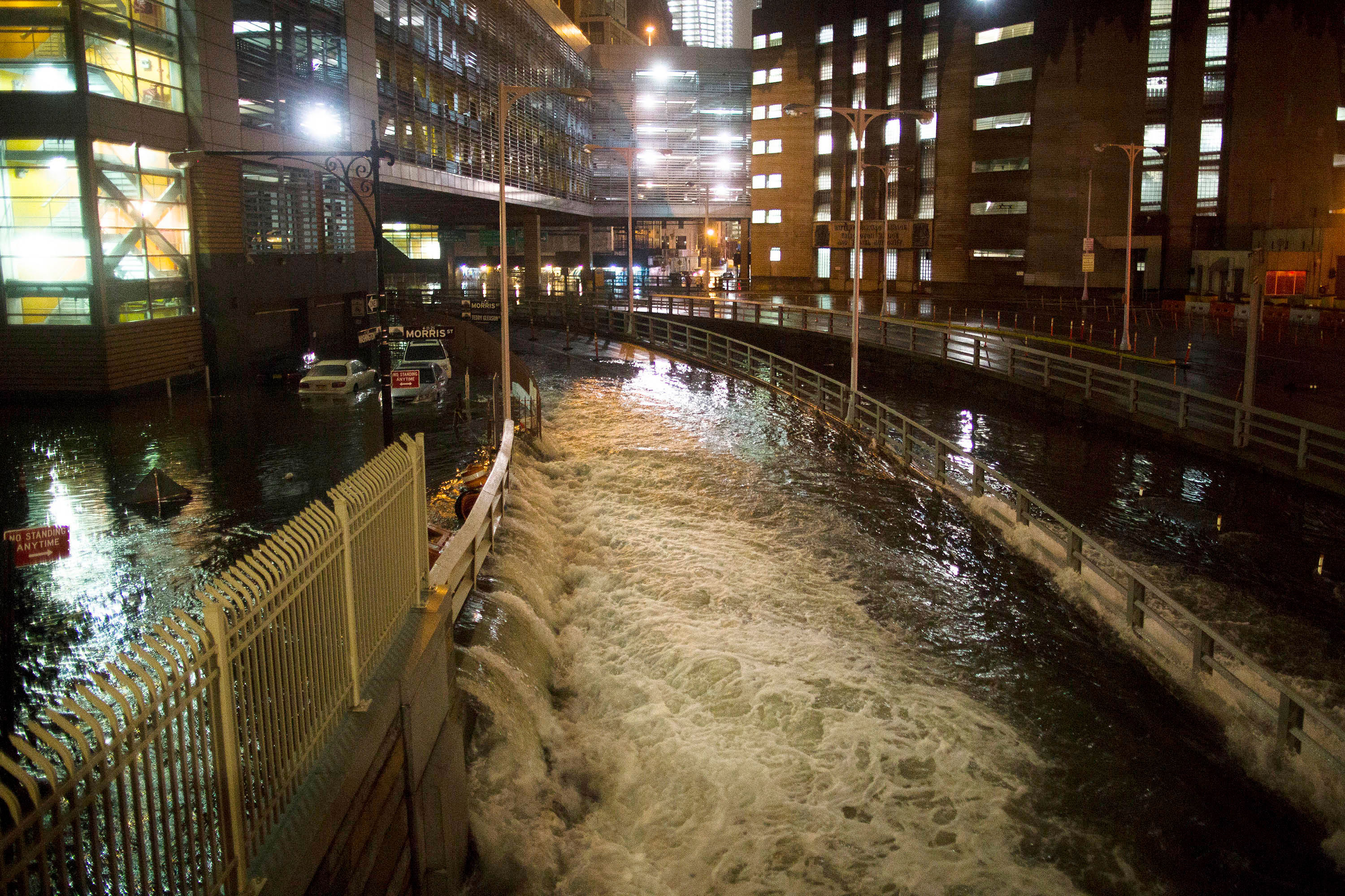 seawater floods the entrance to the Brooklyn Battery Tunnel during Superstorm Sandy in New York