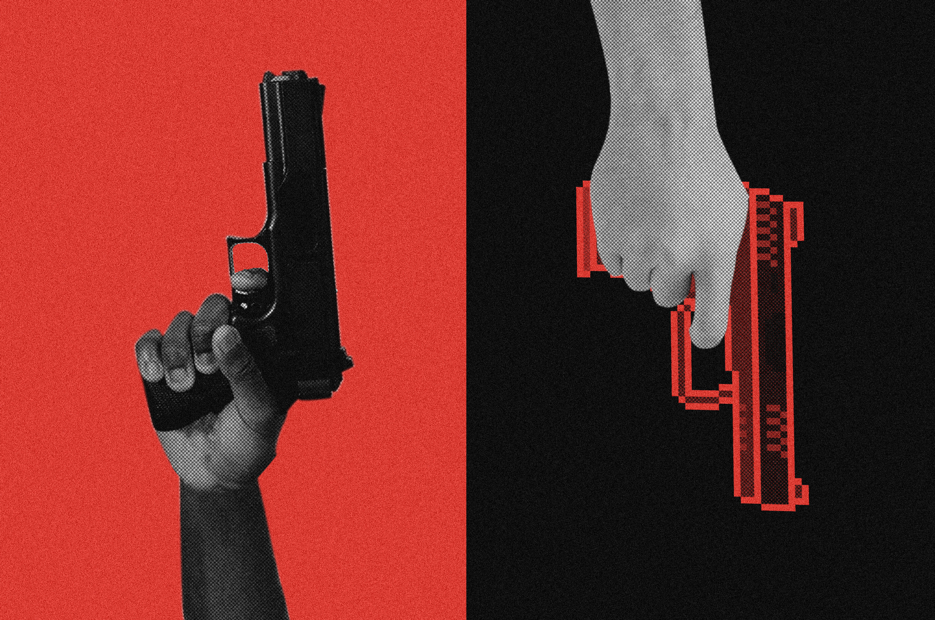 Conceptual photo illustration showing black person&#039;s hand holding a gun and a white hand holding a video-game-style gun