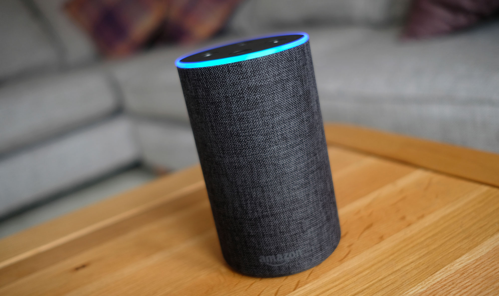 An Amazon Echo smart speaker on a table