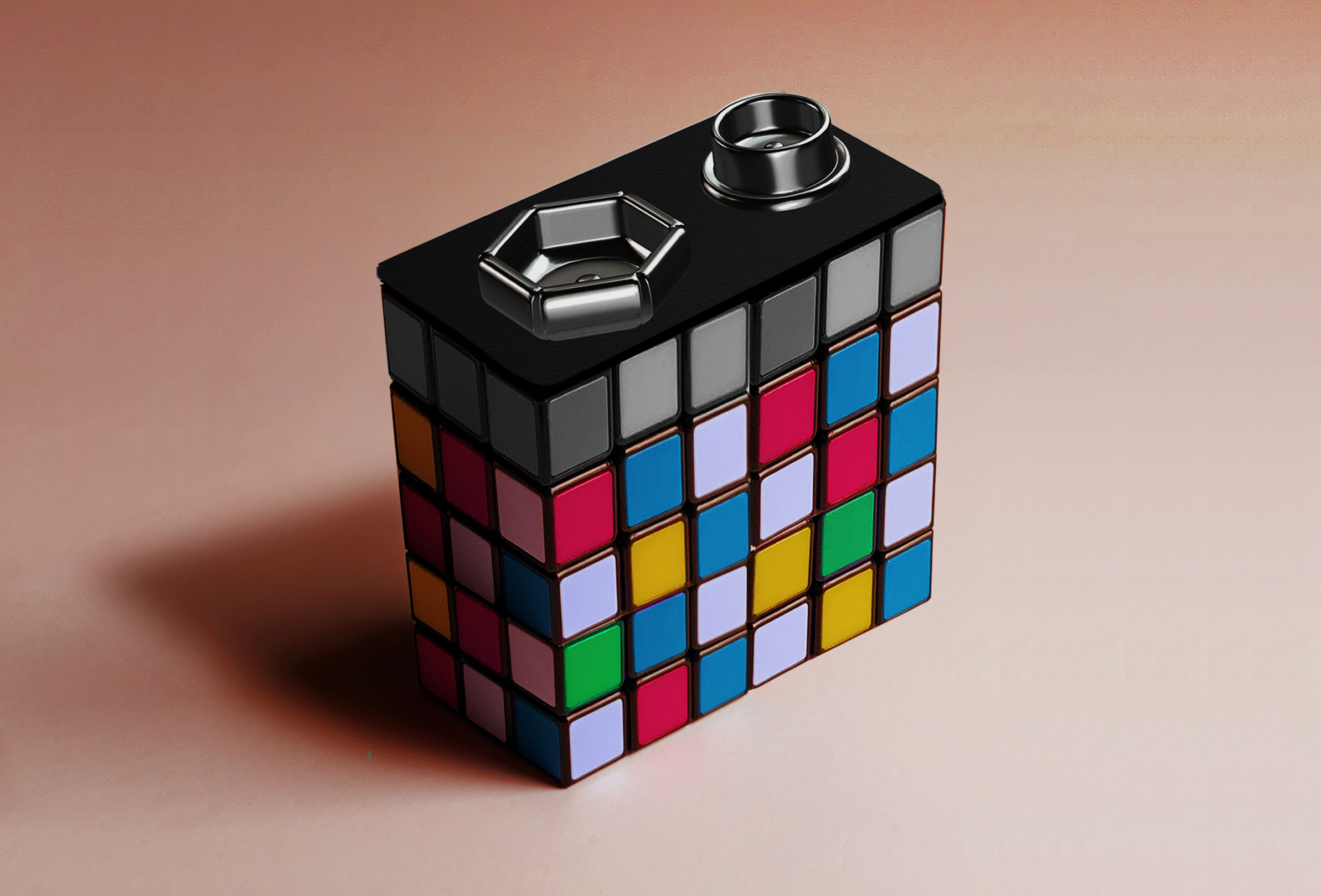 Conceptual illustration of a battery made out of a rubiks cube puzzle