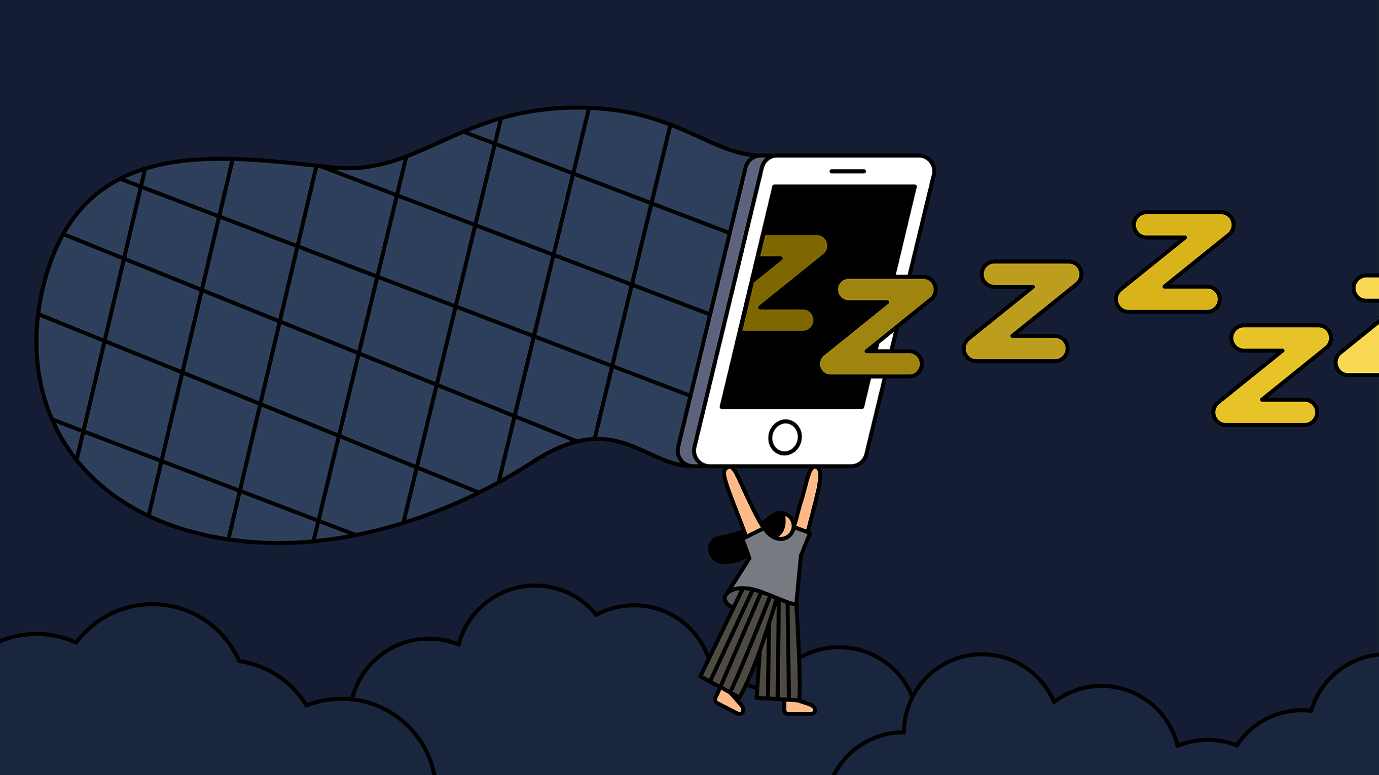 Conceptual illustration of a woman catching z&#039;s in a net that looks like a smartphone.