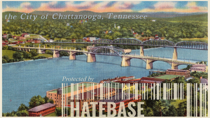A postcard picture of Chattanooga, Tennessee, with Hatebase&#039;s logo at the bottom