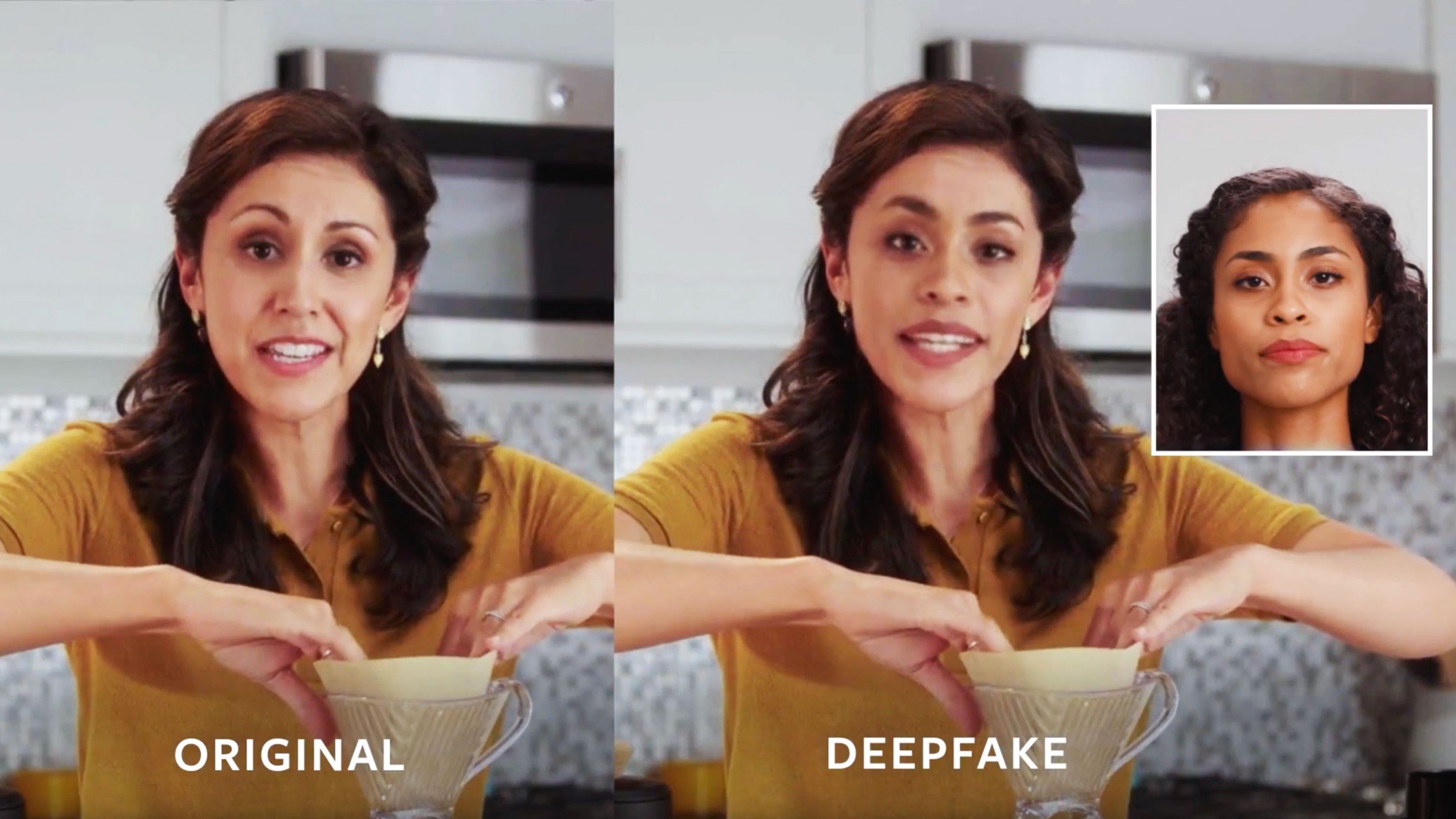 An example circulated by Facebook of two women making coffee: one is a deepfake.