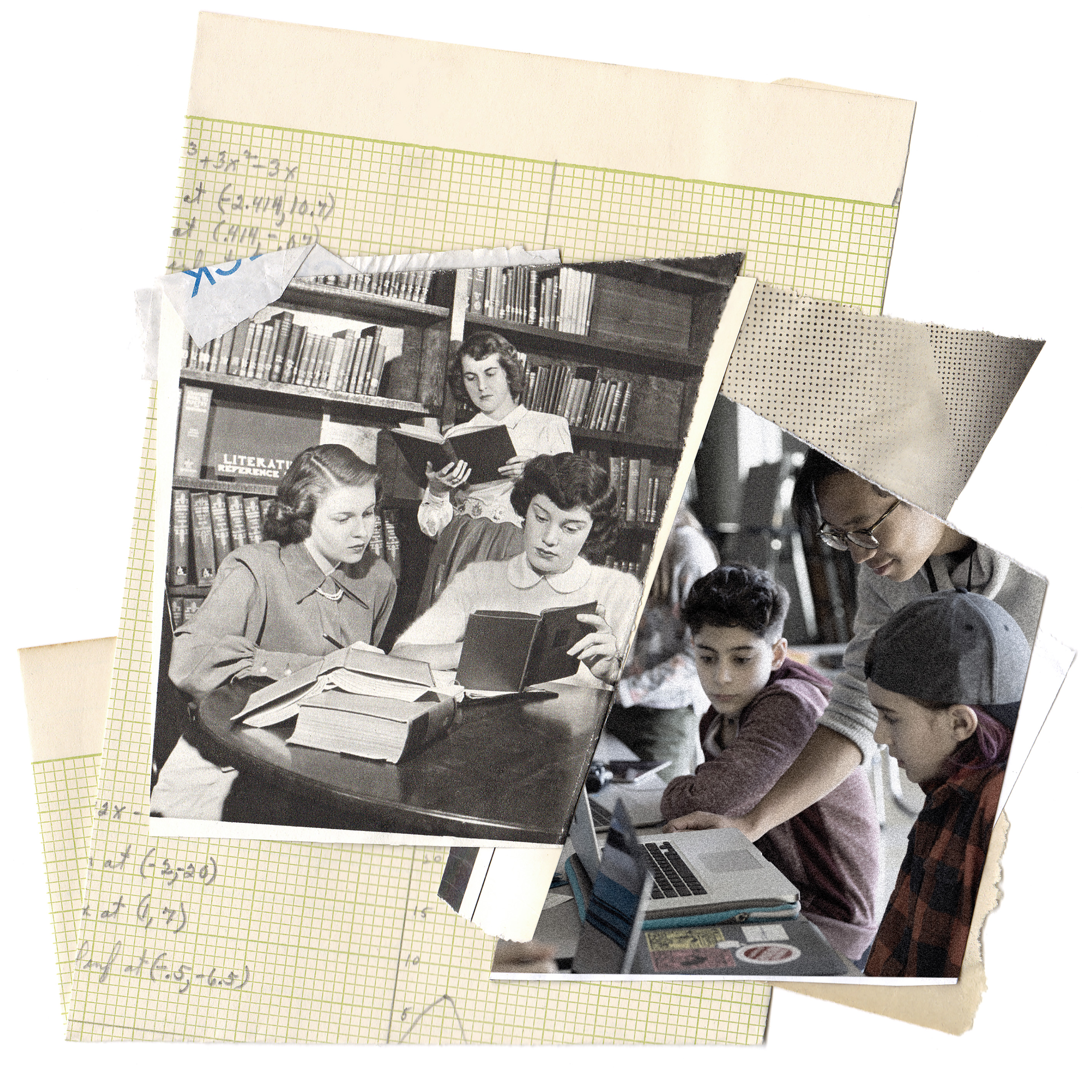 Conceptual collage illustration of old and new education technologies, includes vintage photography.