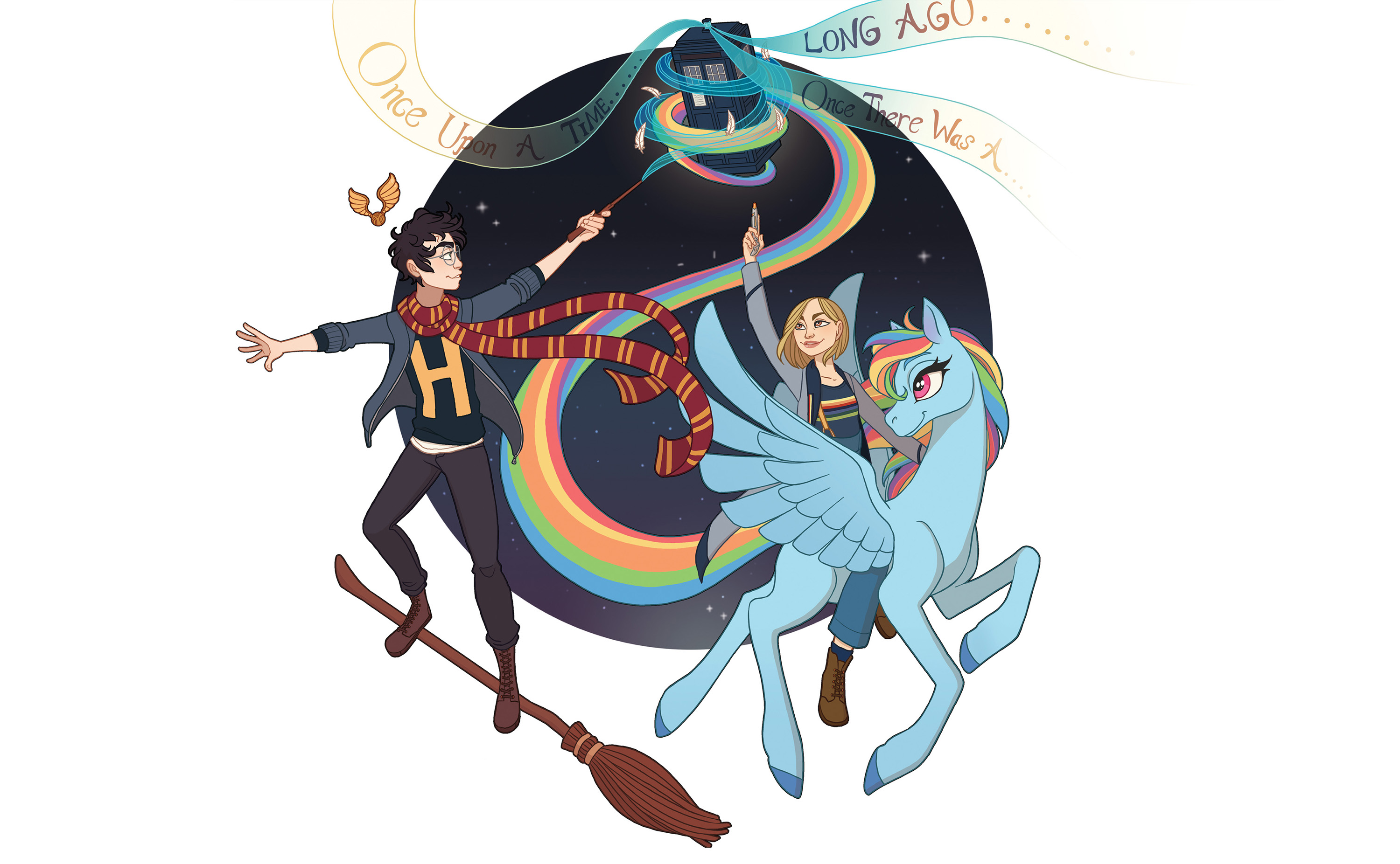 conceptual illustration of Harry Potter, Dr. Who and a rainbow My little pony all working together to float the tardis in the sky