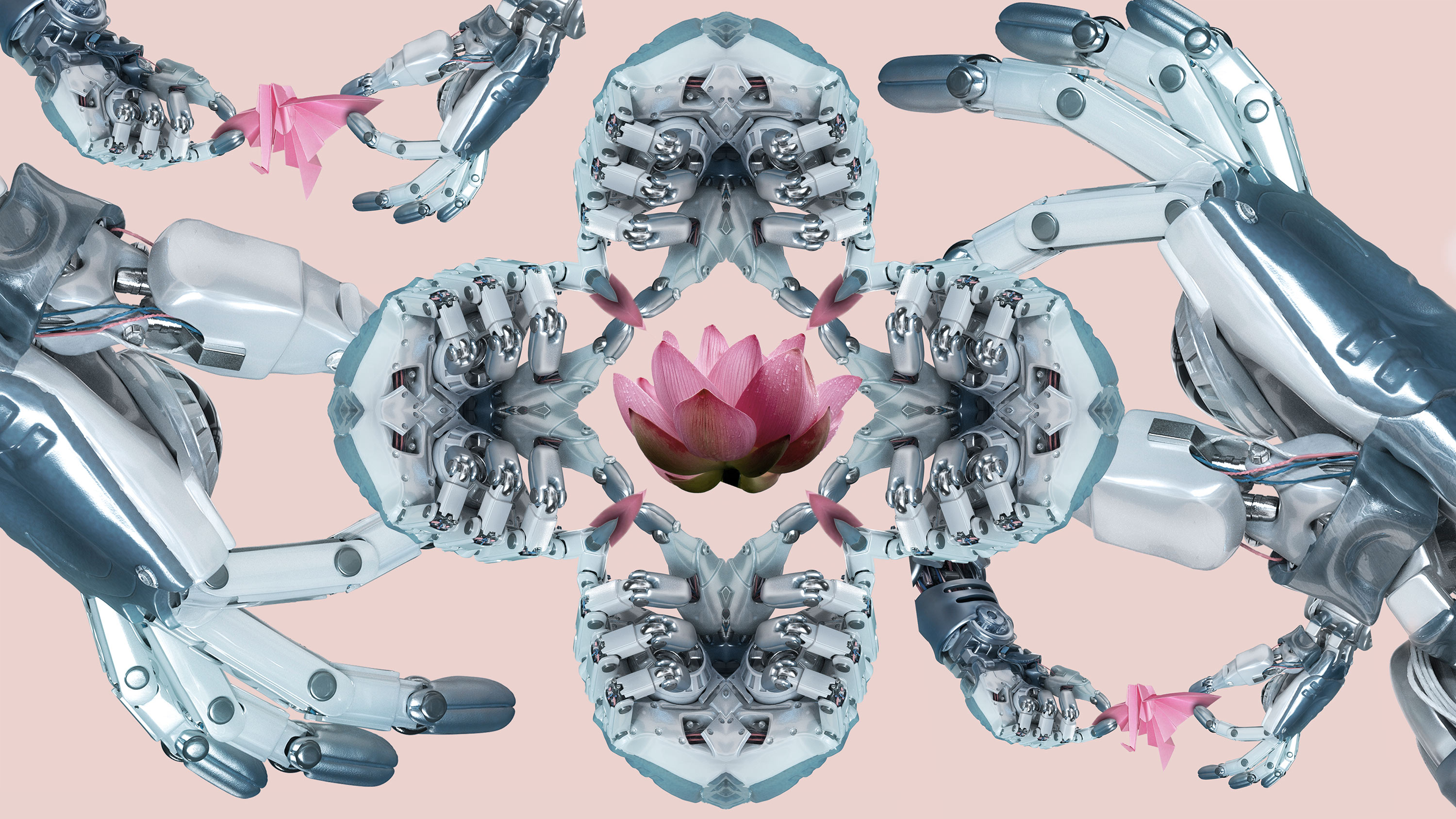 image of robot hands creating spiral design with lotus in the middle of gears and millennial pink background mandala buddhism buddhist