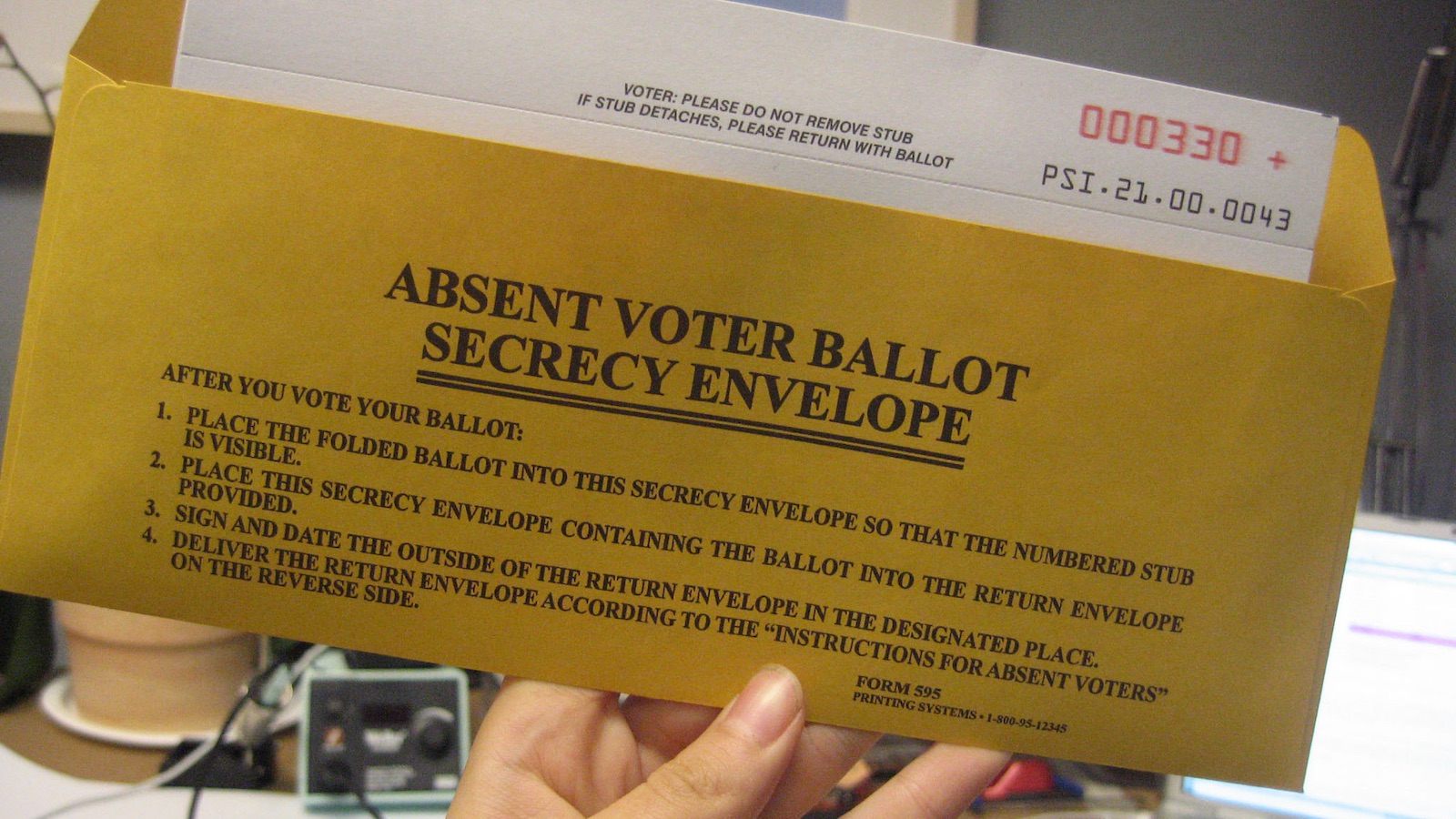 An absentee voter ballot secrecy envelope