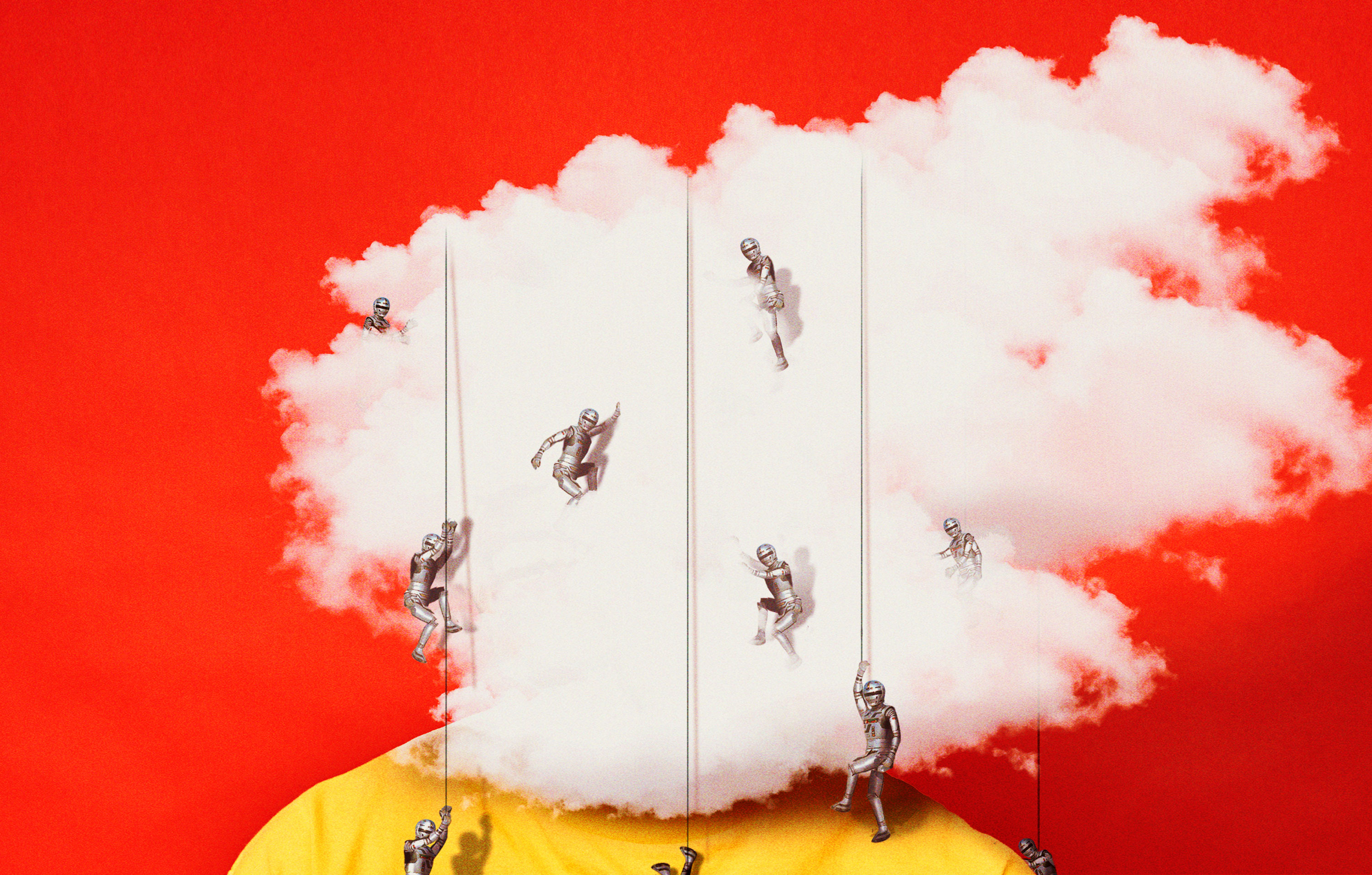 Conceptual illustration showing a person whose face is obscured by a cloud with small soldiers rappelling over it.