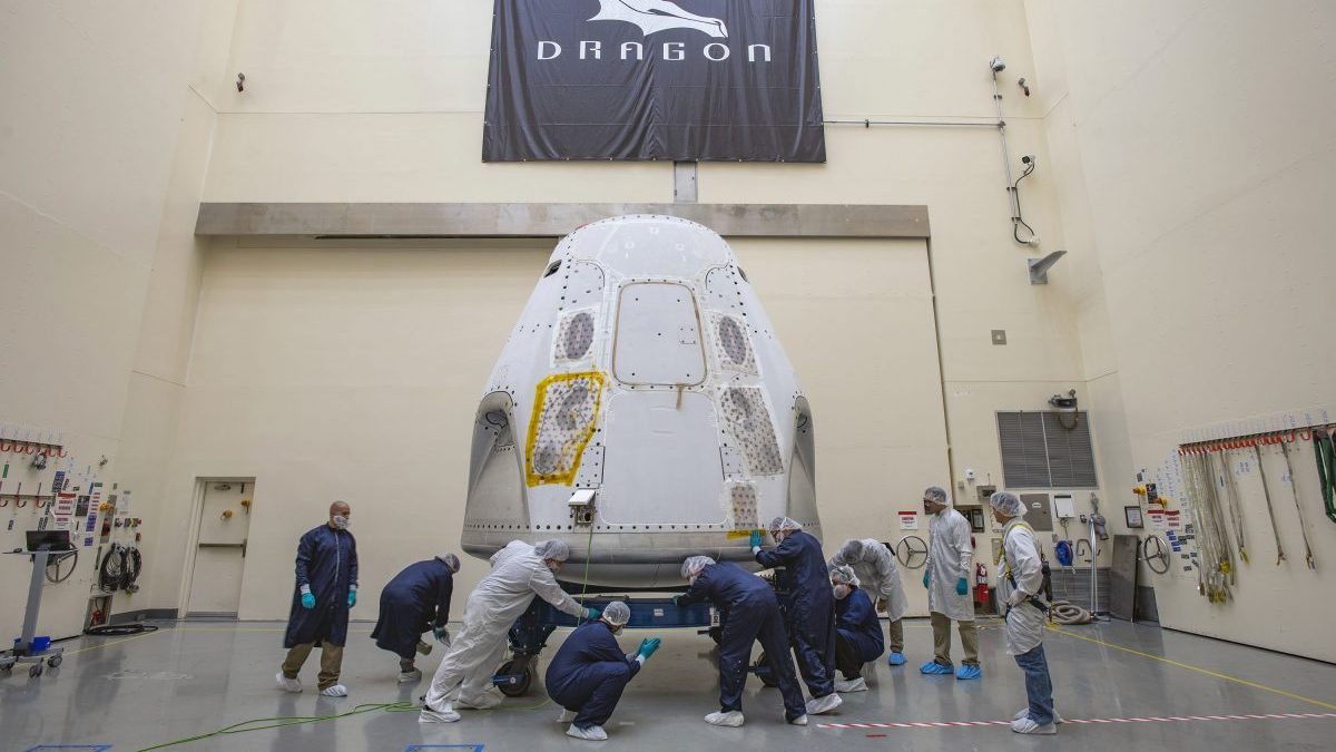 The SpaceX Crew Dragon spacecraft for Demo-2 arrived at the launch site on Feb. 13, 2020. 