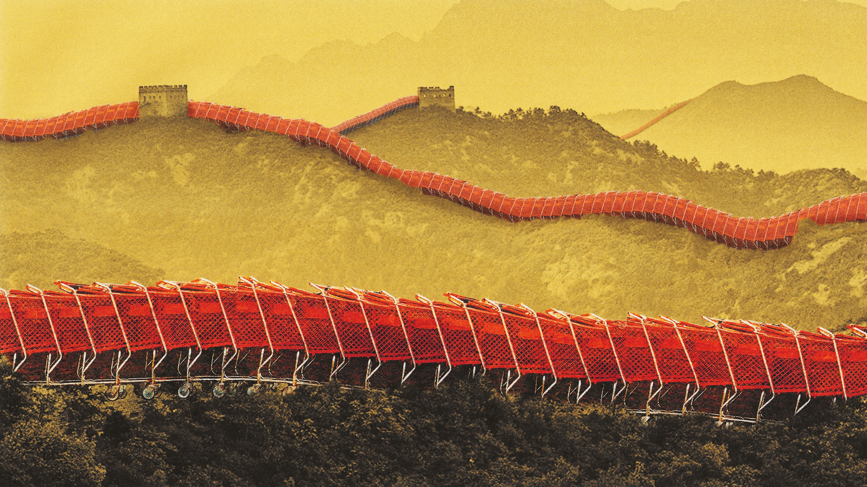 conceptual illustration of shopping carts forming the great wall of China