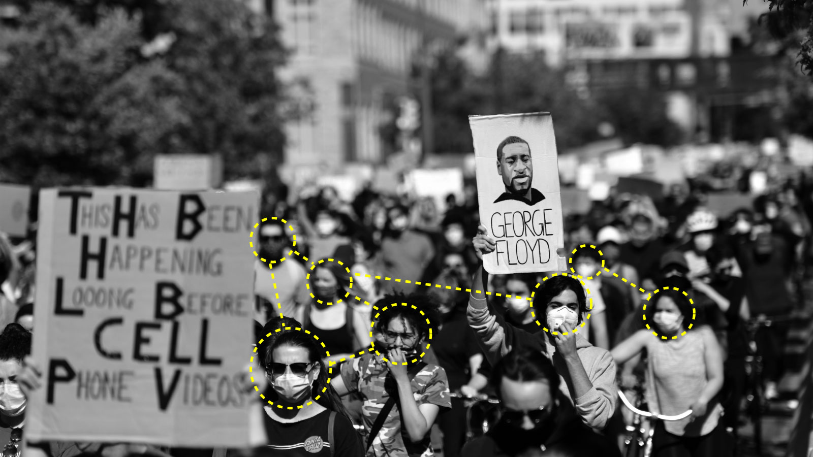 Photograph of a BLM protest with surveillance network drawn over it