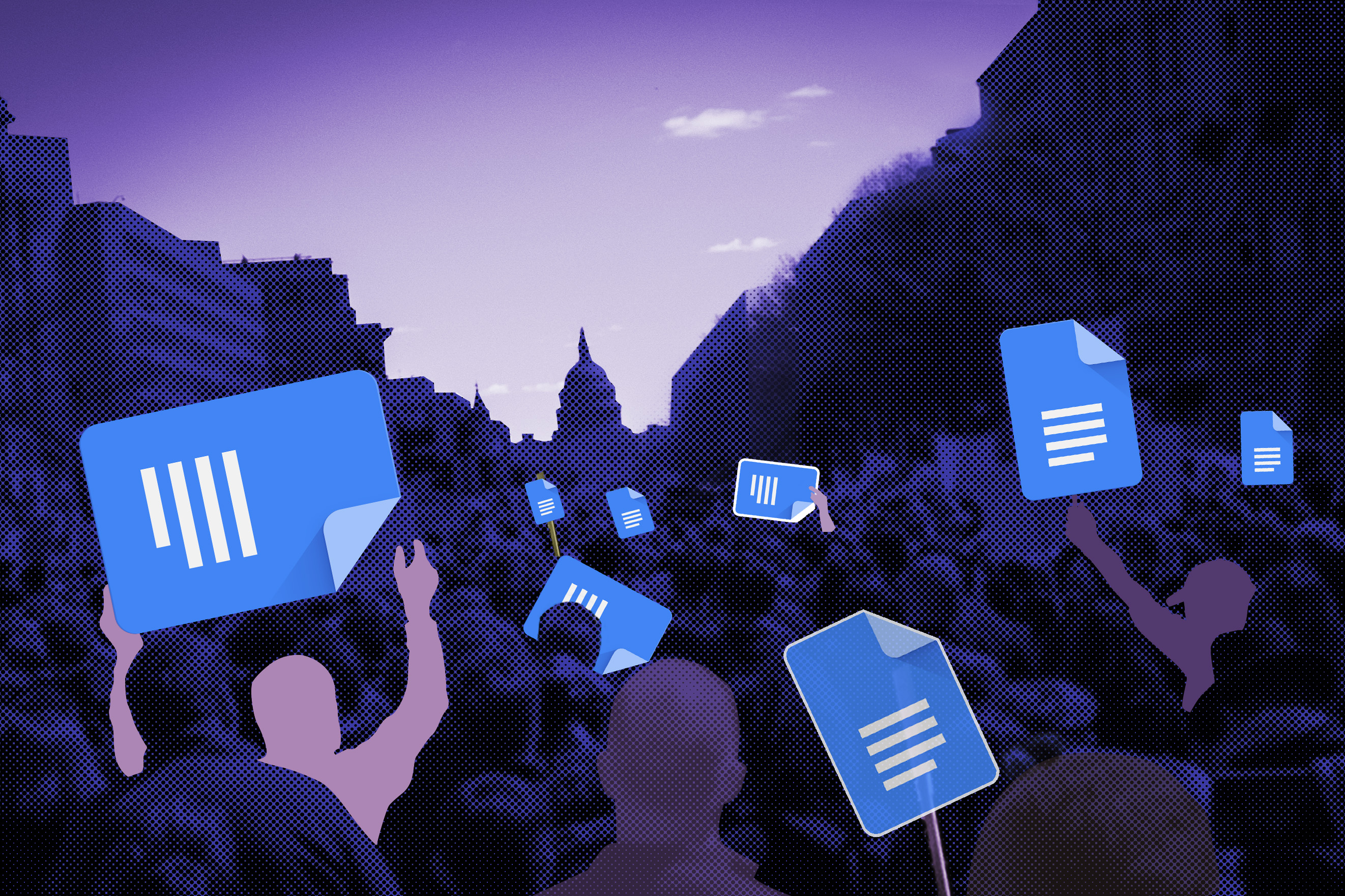 illustration of crowds holding Gdoc signs