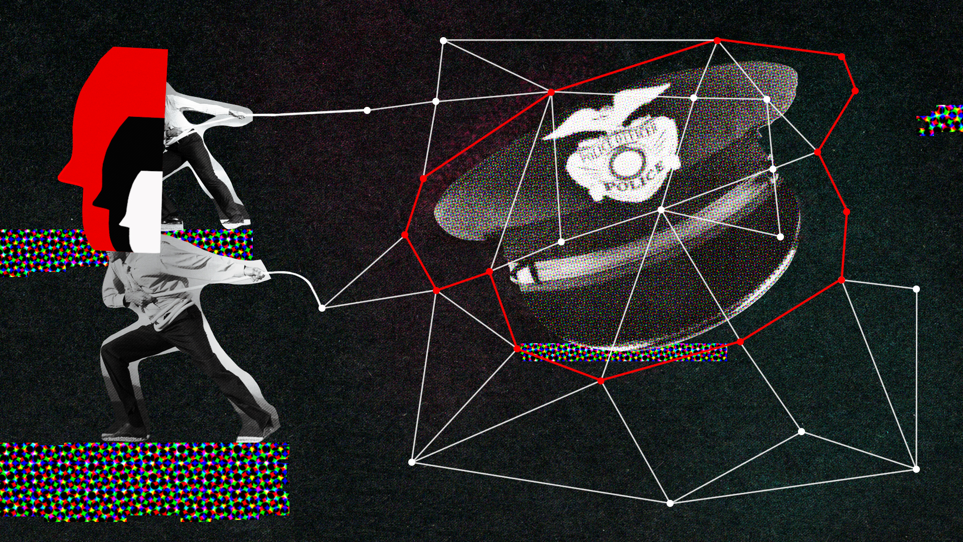 Conceptual illustration showing a police hat with a superimposed nueral network being dismantled.