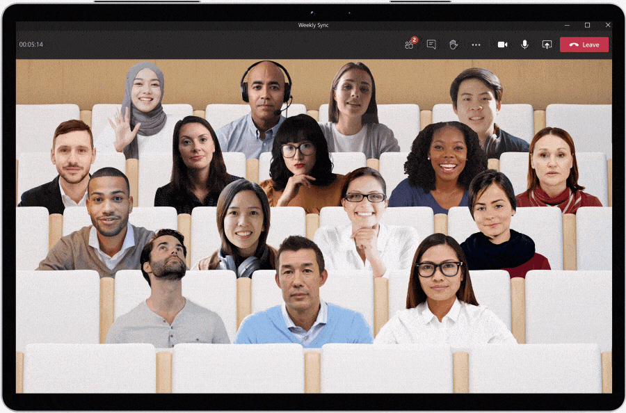 microsoft teams together mode gif of people in auditorium meeting