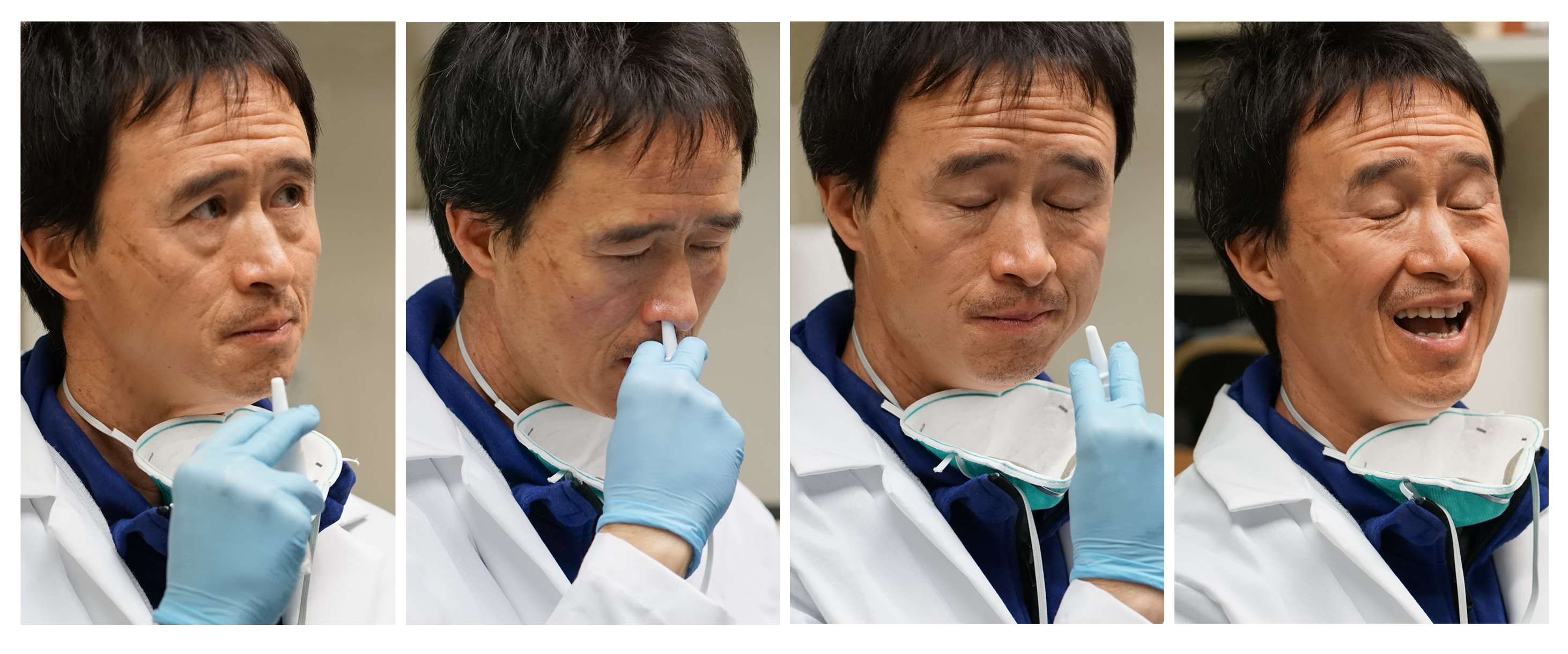 series of images of Don Wang self-administering vaccine