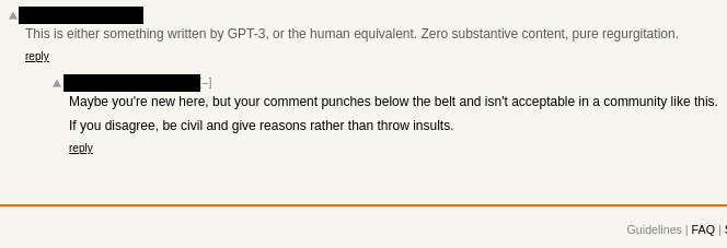 A screenshot of someone on Hacker News accusing the Porr's blog post of being written by GPT-3. Another user responds that the comment "isn't acceptable."