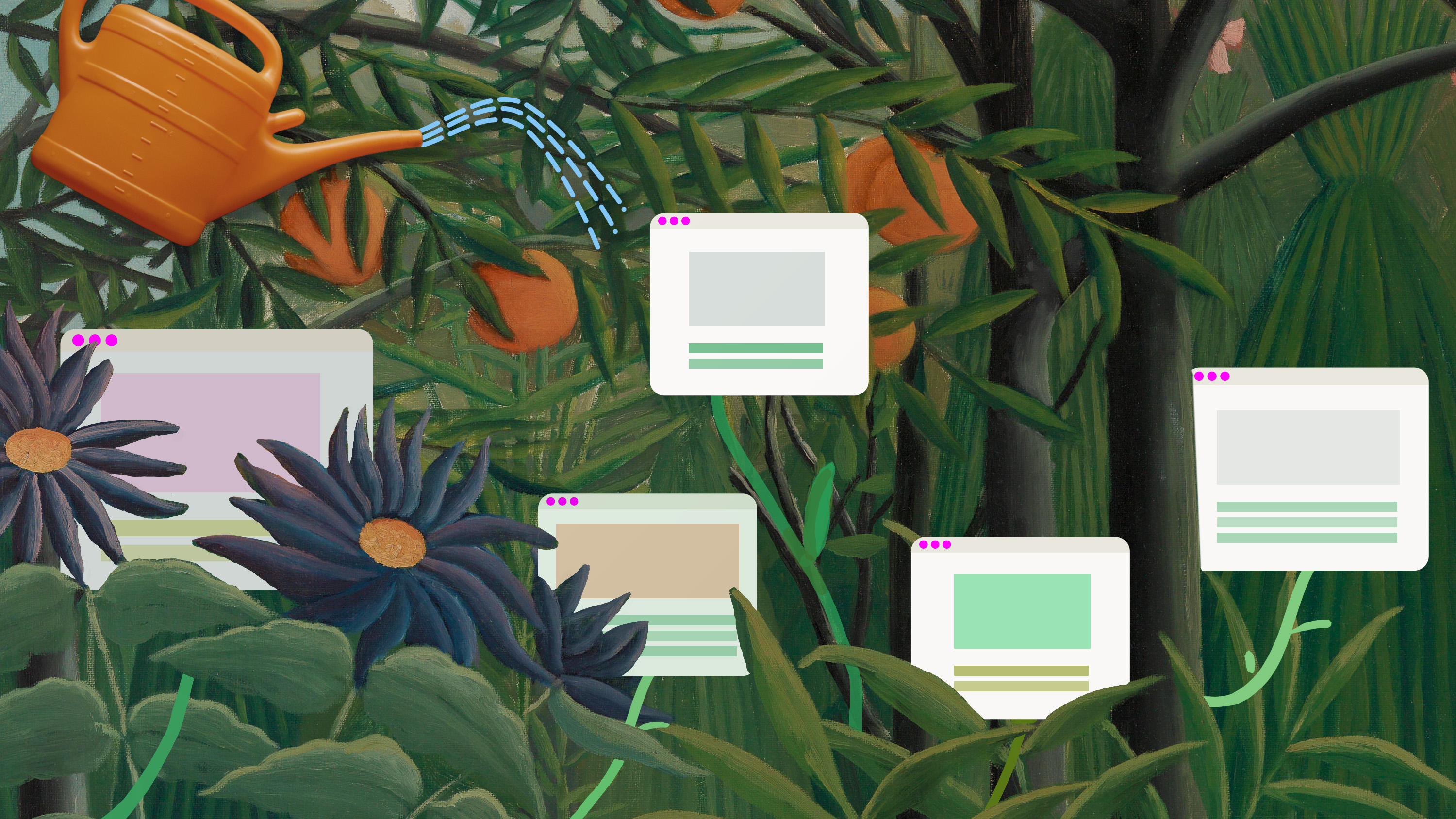 digital garden illustration of wild plants with flowers growing around screens