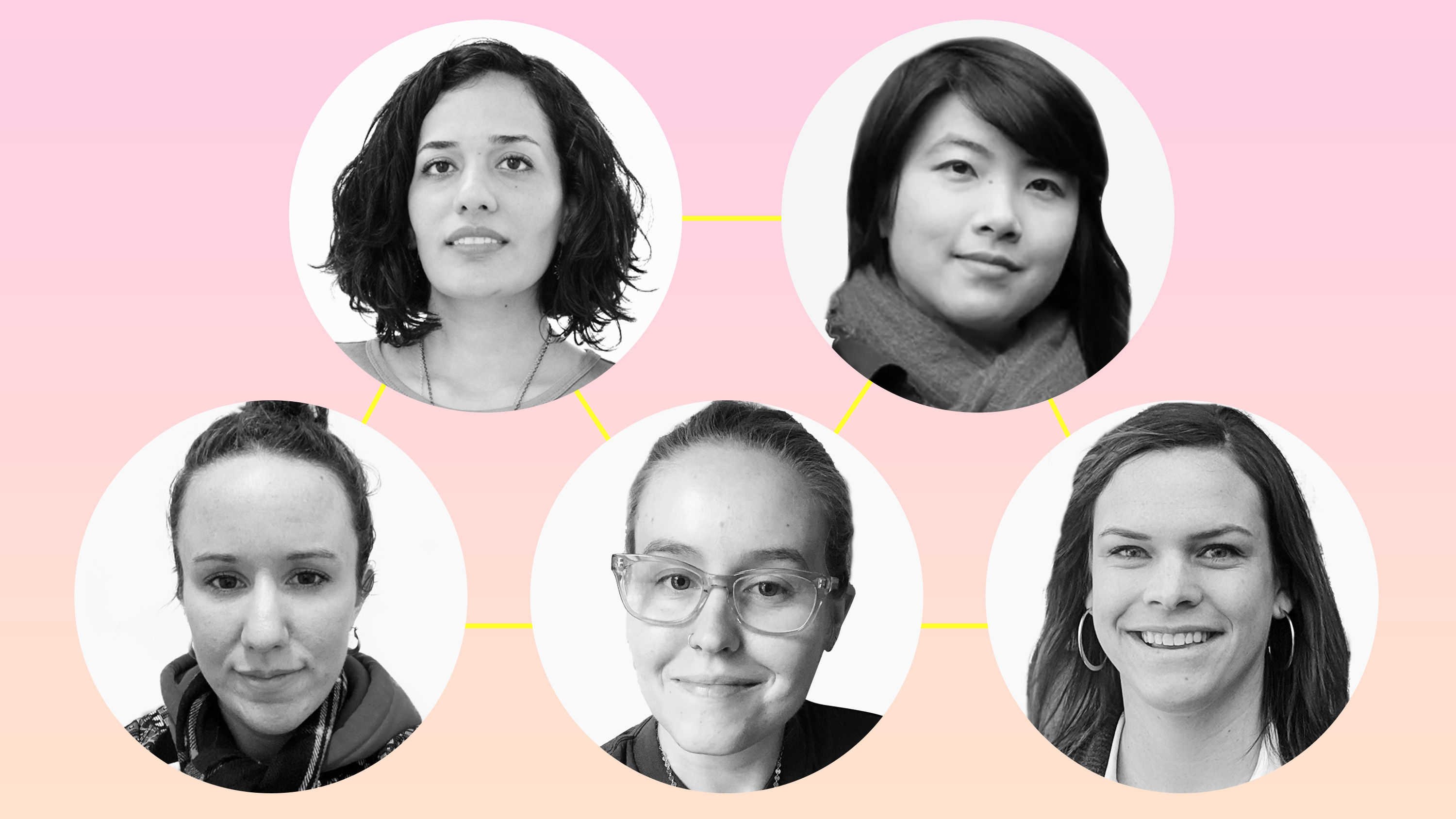 sunset pink background with five faces, counterclockwise from top: athena akrami, hannah wei, lisa mccorkell, fiona lowenstein, hannah davis covid support and research group
