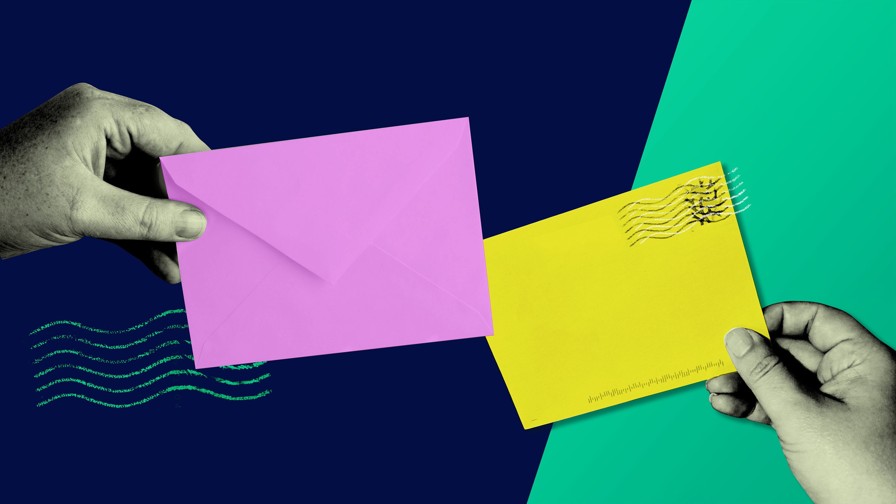 two hands holding envelopes left is pink right is yellow background is indigo on left and green on right